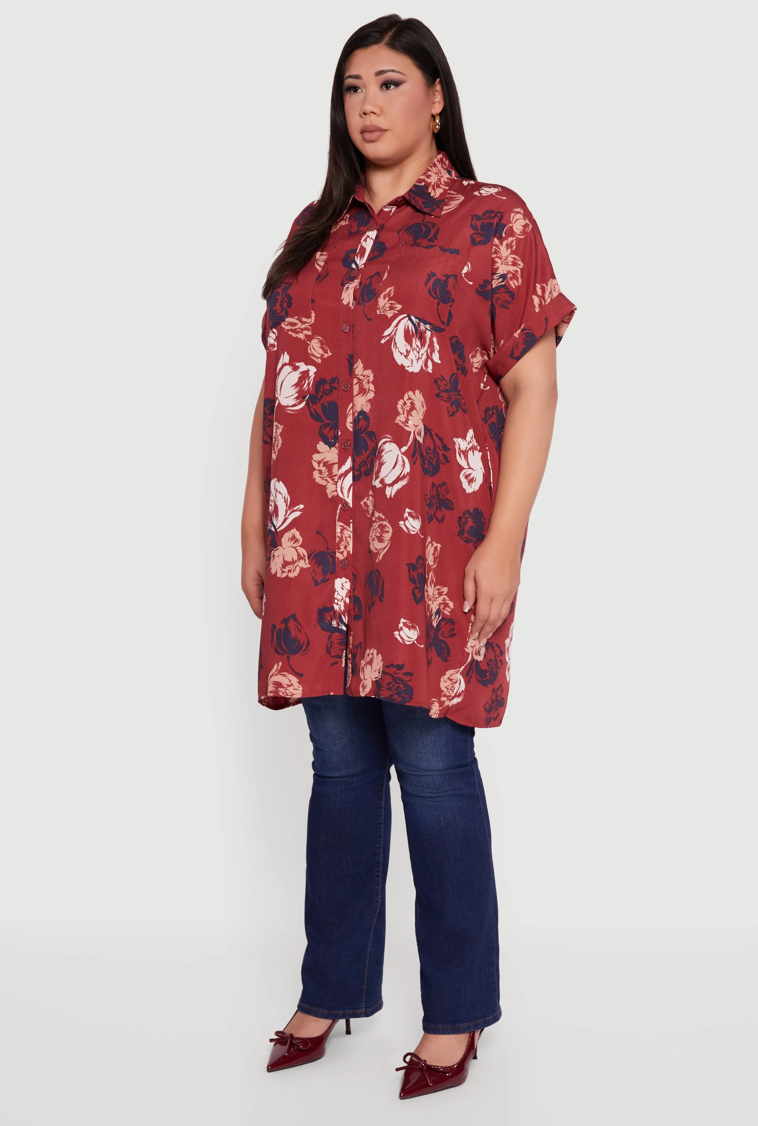 Plus Size Floral Fixed Cuff Button Front Tunic Shirt sold by Rainbow product image thumbnail 5