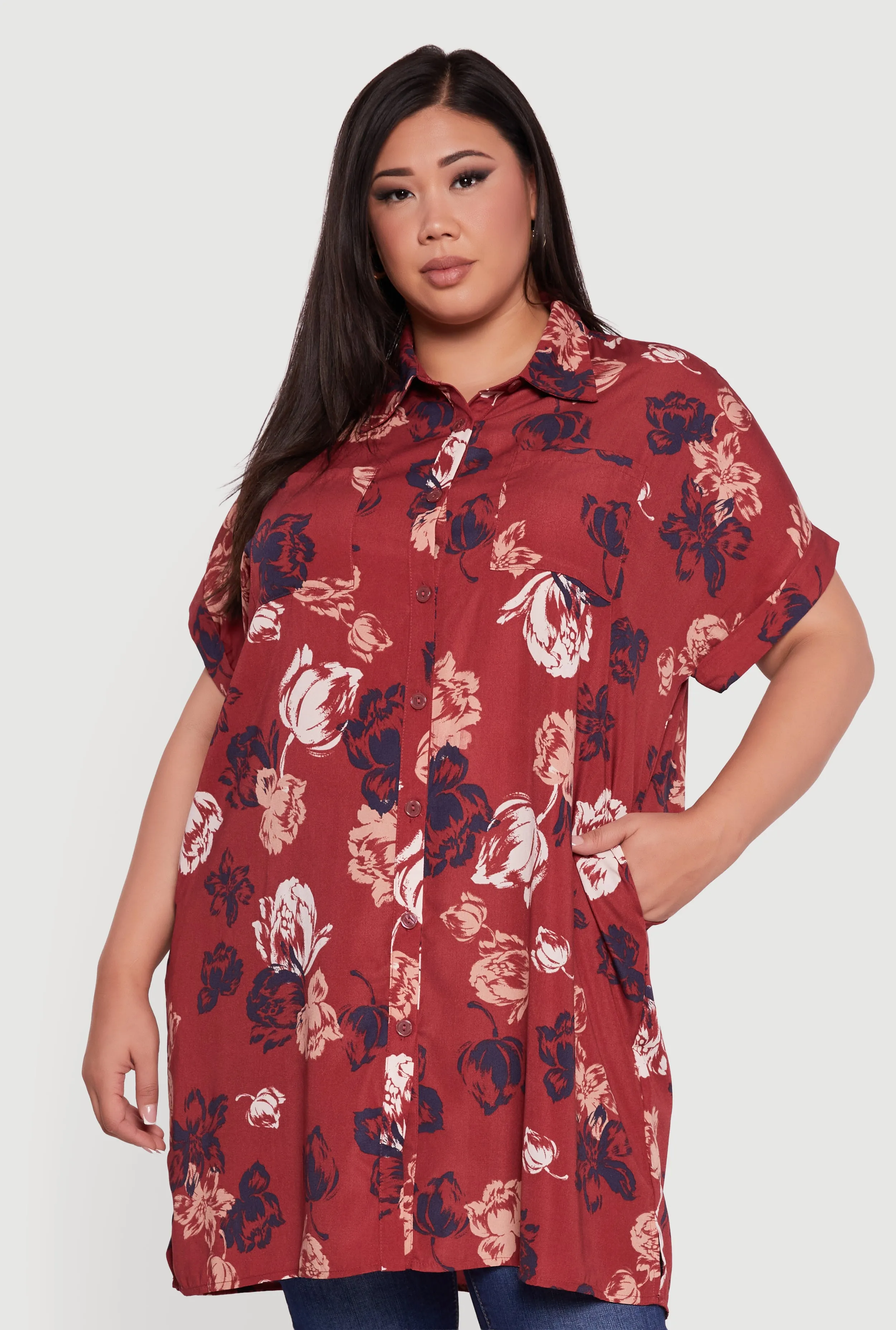 Plus Size Floral Fixed Cuff Button Front Tunic Shirt sold by Rainbow product image thumbnail 2