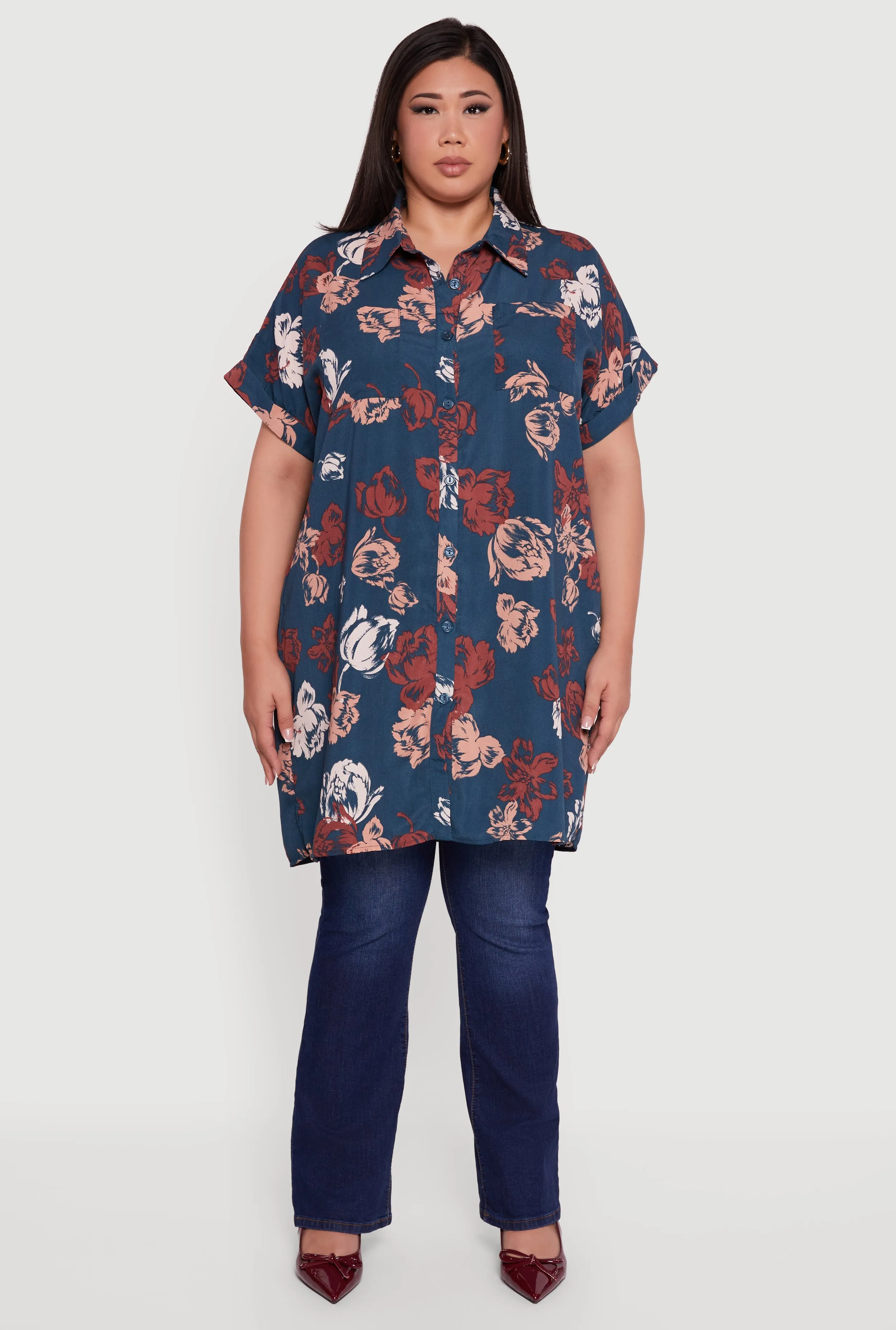 Plus Size Floral Fixed Cuff Button Front Tunic Shirt sold by Rainbow product image thumbnail 3