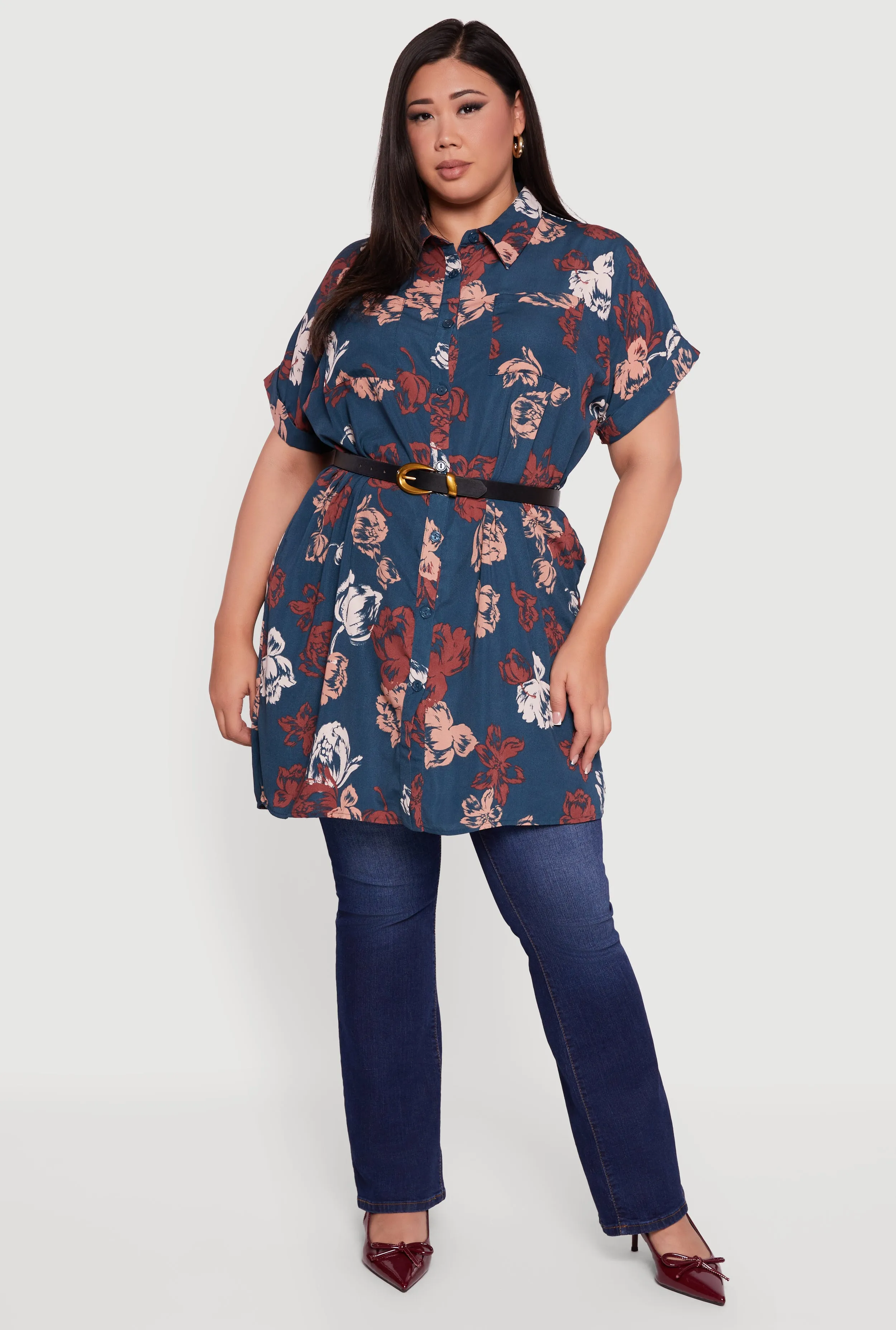 Plus Size Floral Fixed Cuff Button Front Tunic Shirt sold by Rainbow