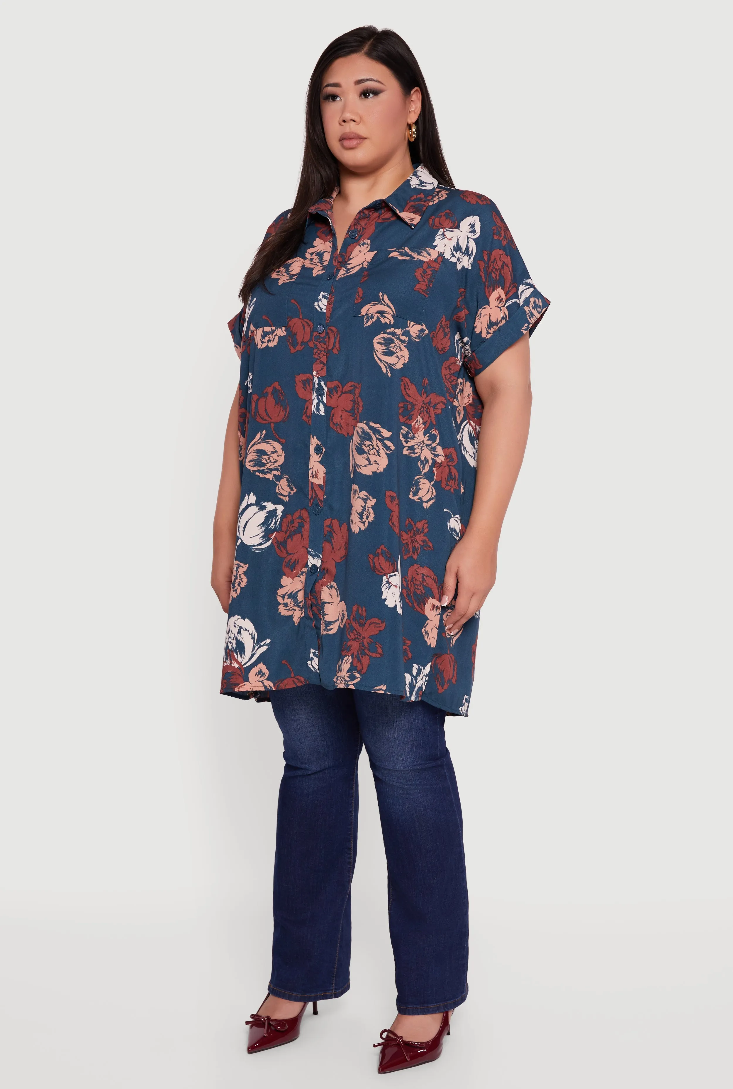 Plus Size Floral Fixed Cuff Button Front Tunic Shirt sold by Rainbow product image thumbnail 5