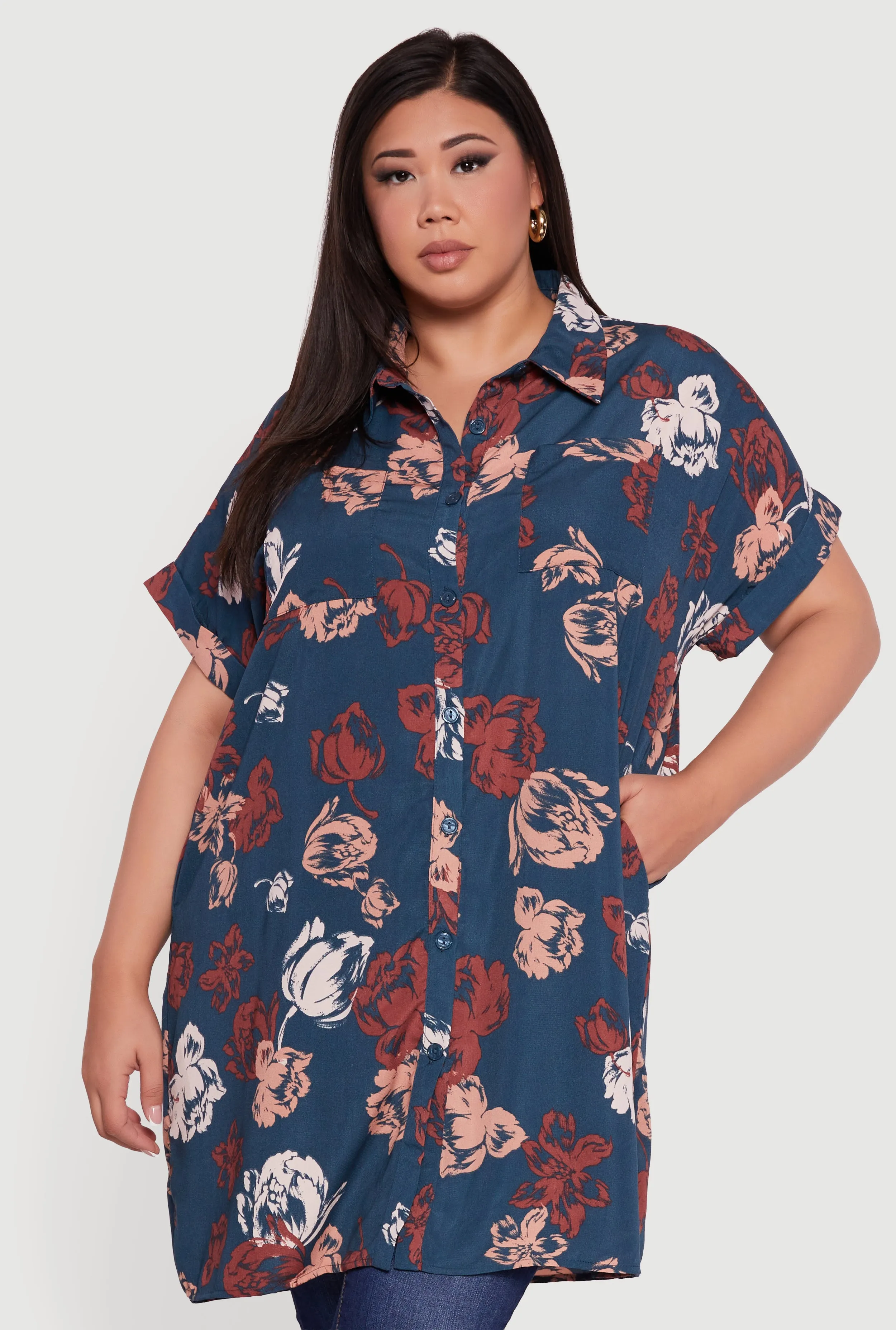 Plus Size Floral Fixed Cuff Button Front Tunic Shirt sold by Rainbow product image thumbnail 2