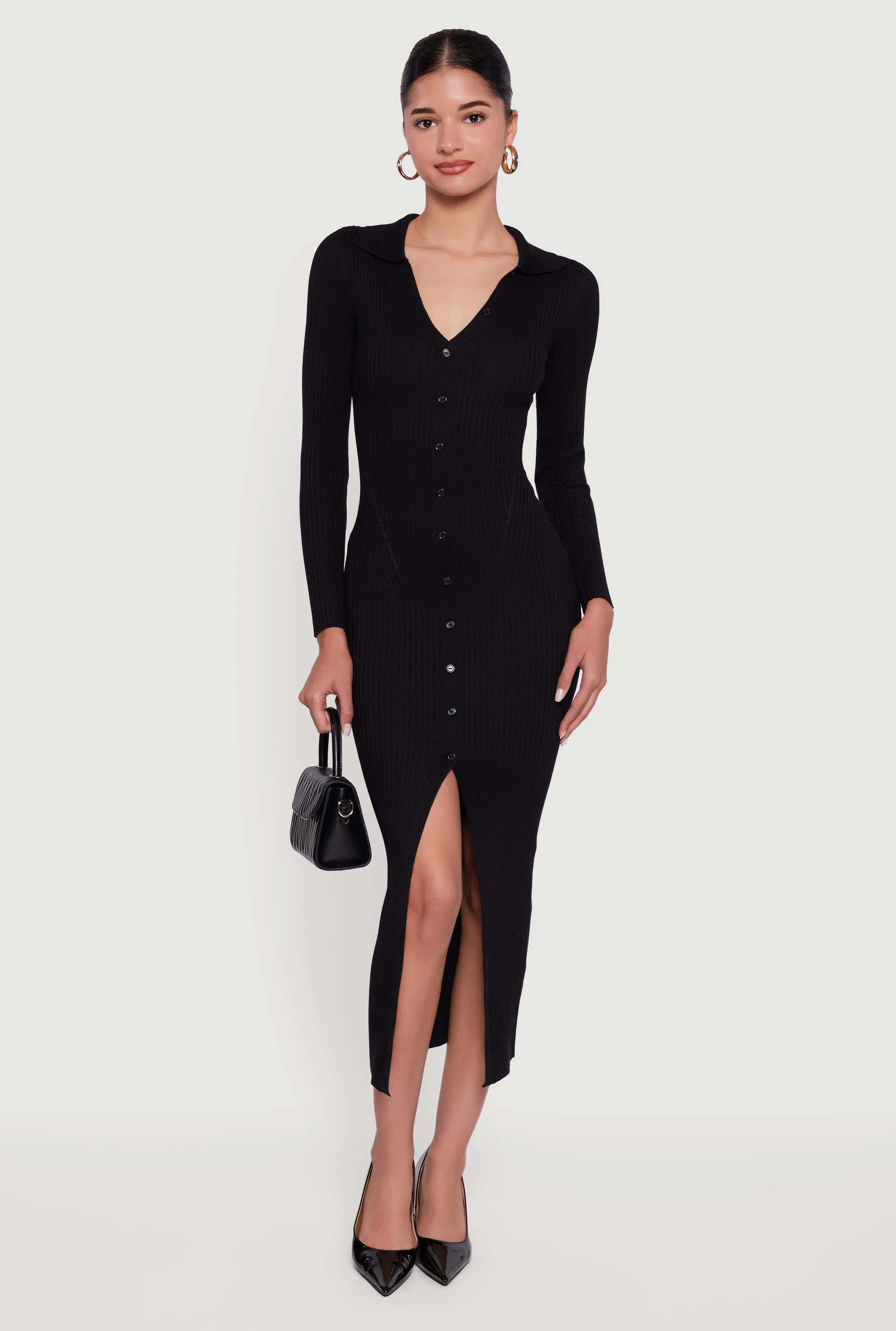 Rib Knit Button Detail Long Sleeve Slit Front Dress sold by Rainbow product image thumbnail 3