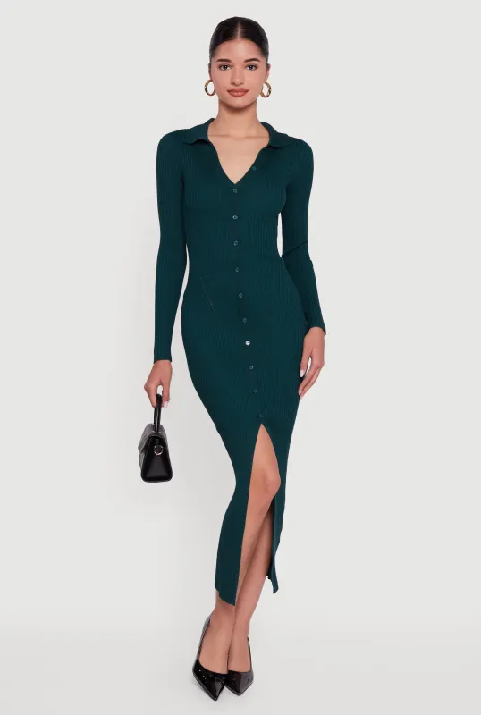 Rib Knit Button Detail Long Sleeve Slit Front Dress sold by Rainbow