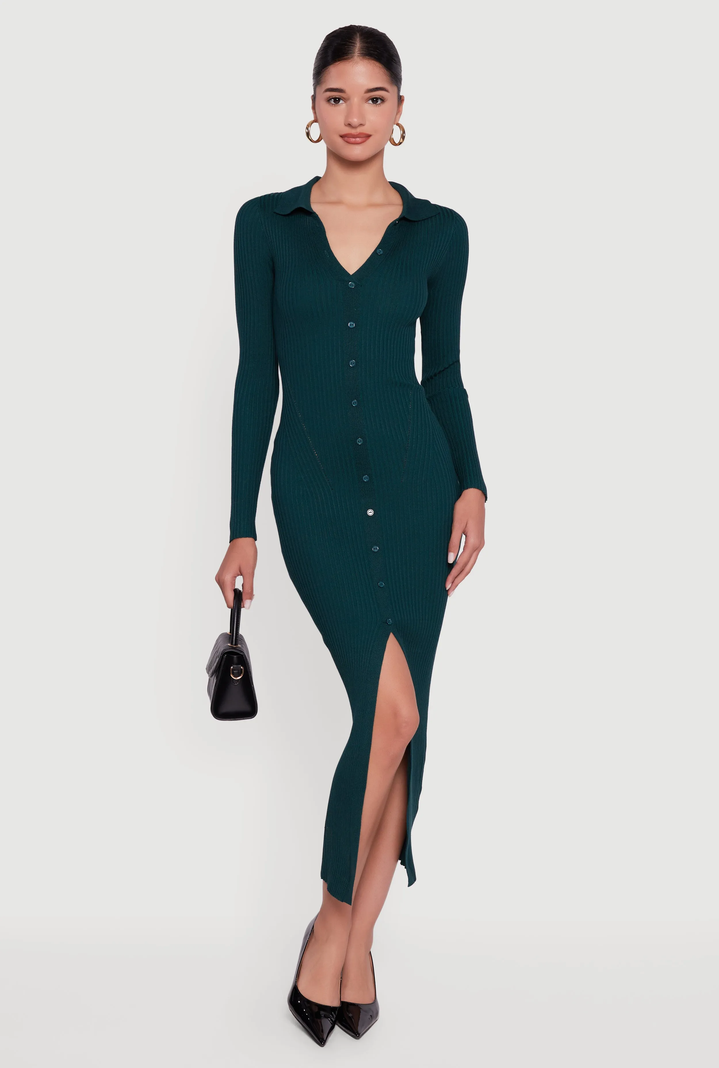 Rib Knit Button Detail Long Sleeve Slit Front Dress sold by Rainbow