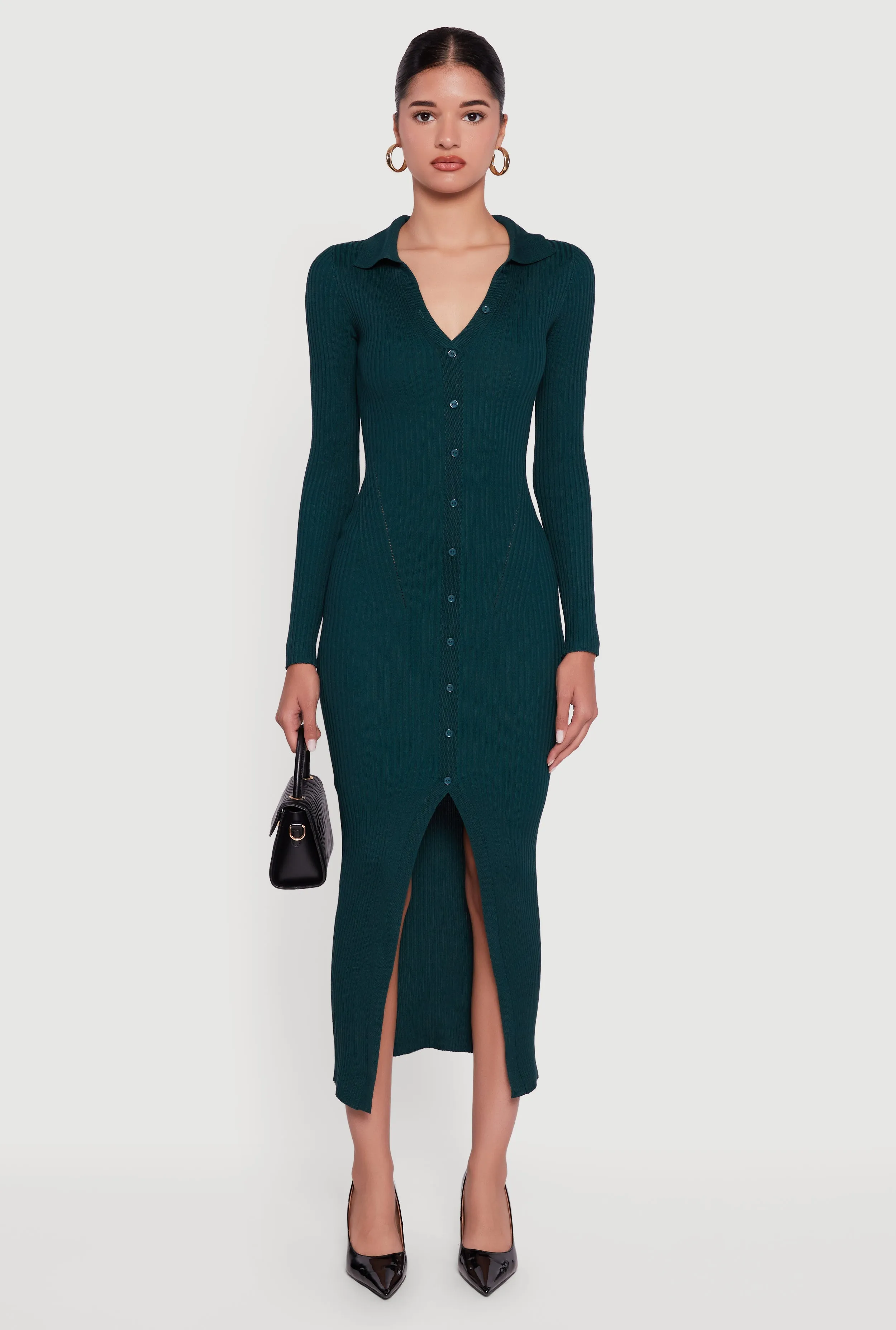 Rib Knit Button Detail Long Sleeve Slit Front Dress sold by Rainbow product image thumbnail 2