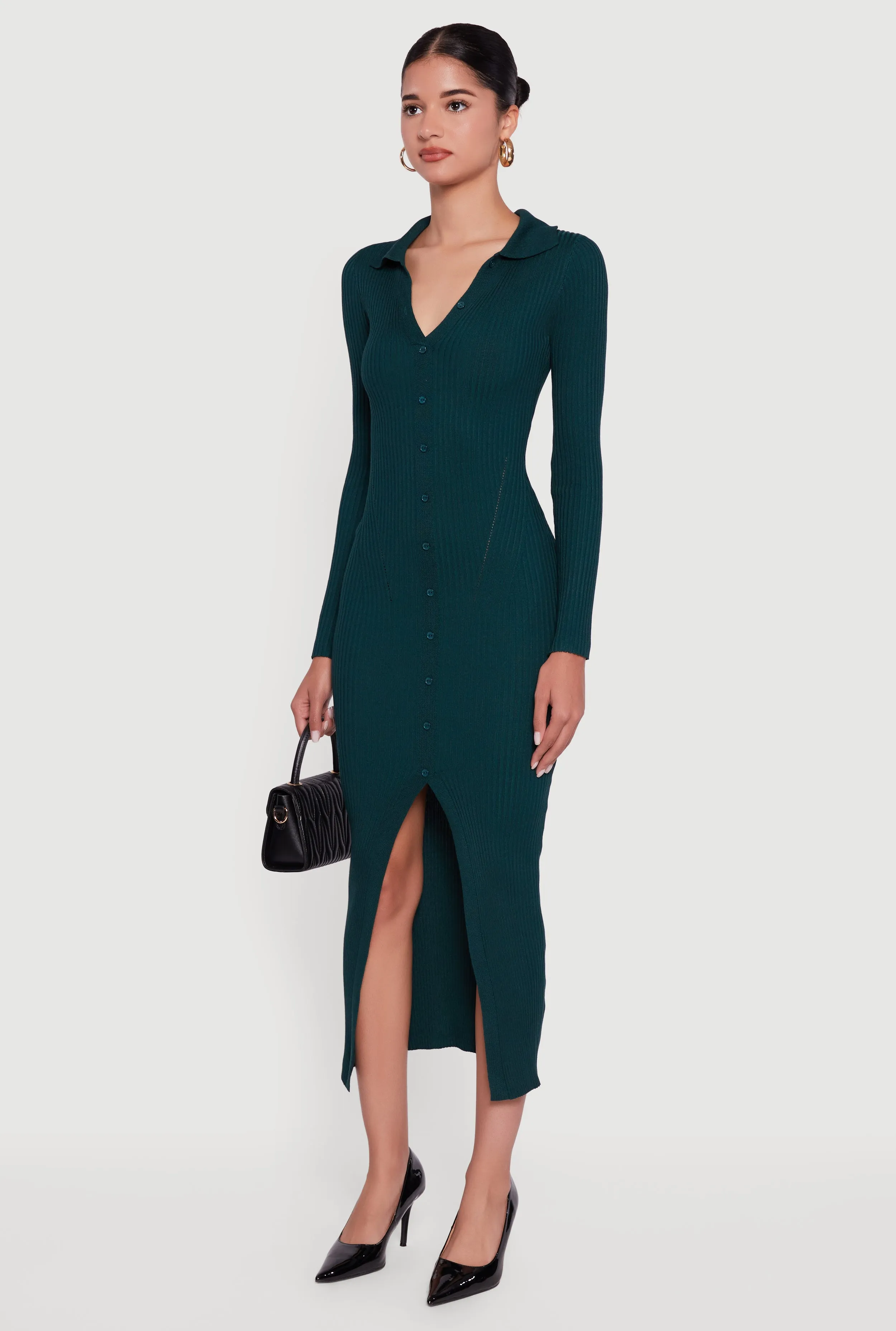 Rib Knit Button Detail Long Sleeve Slit Front Dress sold by Rainbow product image thumbnail 3