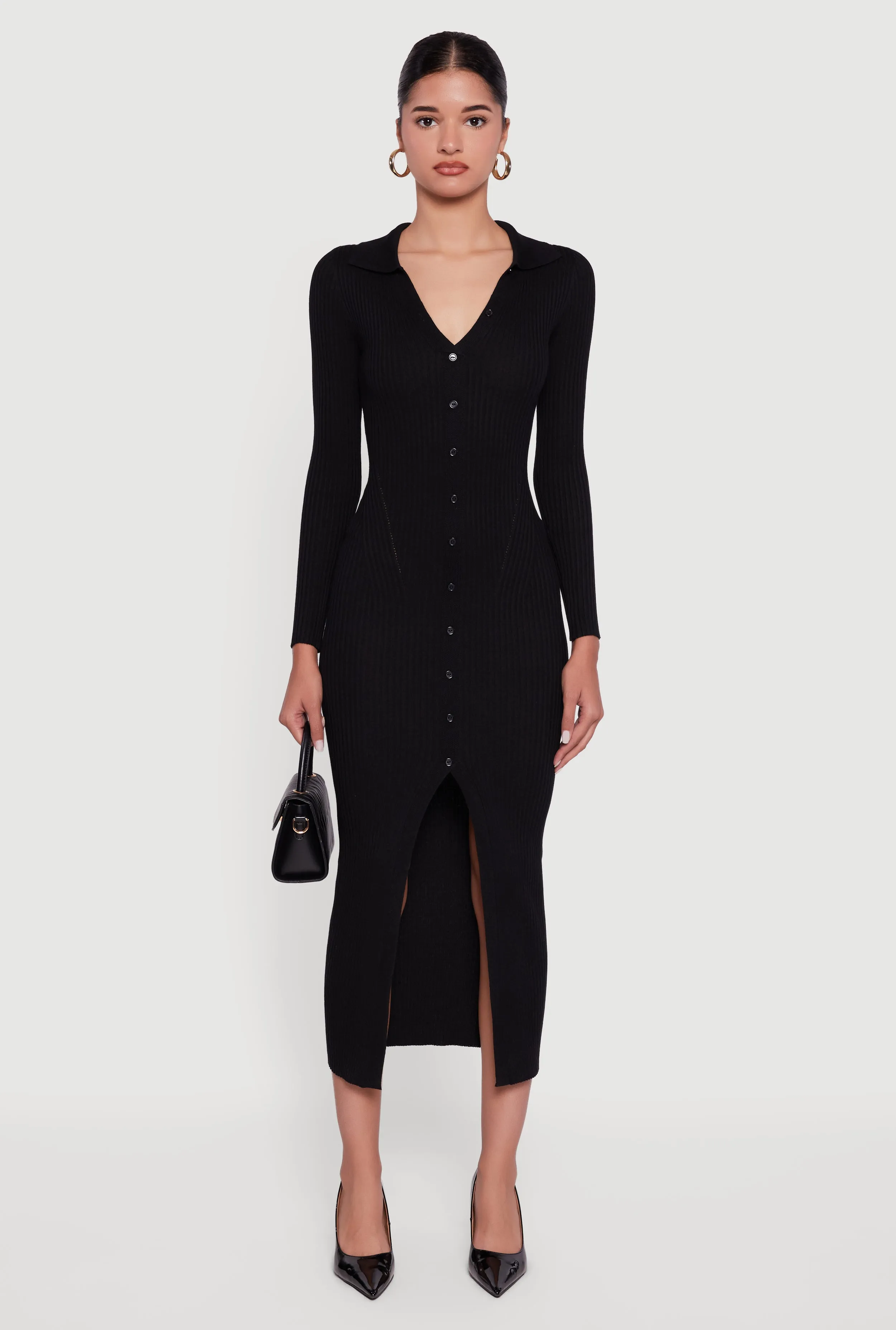 Rib Knit Button Detail Long Sleeve Slit Front Dress sold by Rainbow product image thumbnail 2