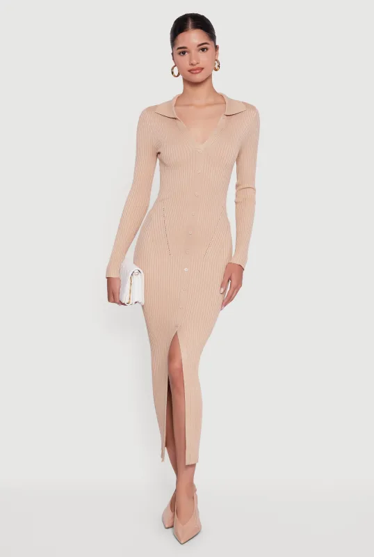 Rib Knit Button Detail Long Sleeve Slit Front Dress sold by Rainbow