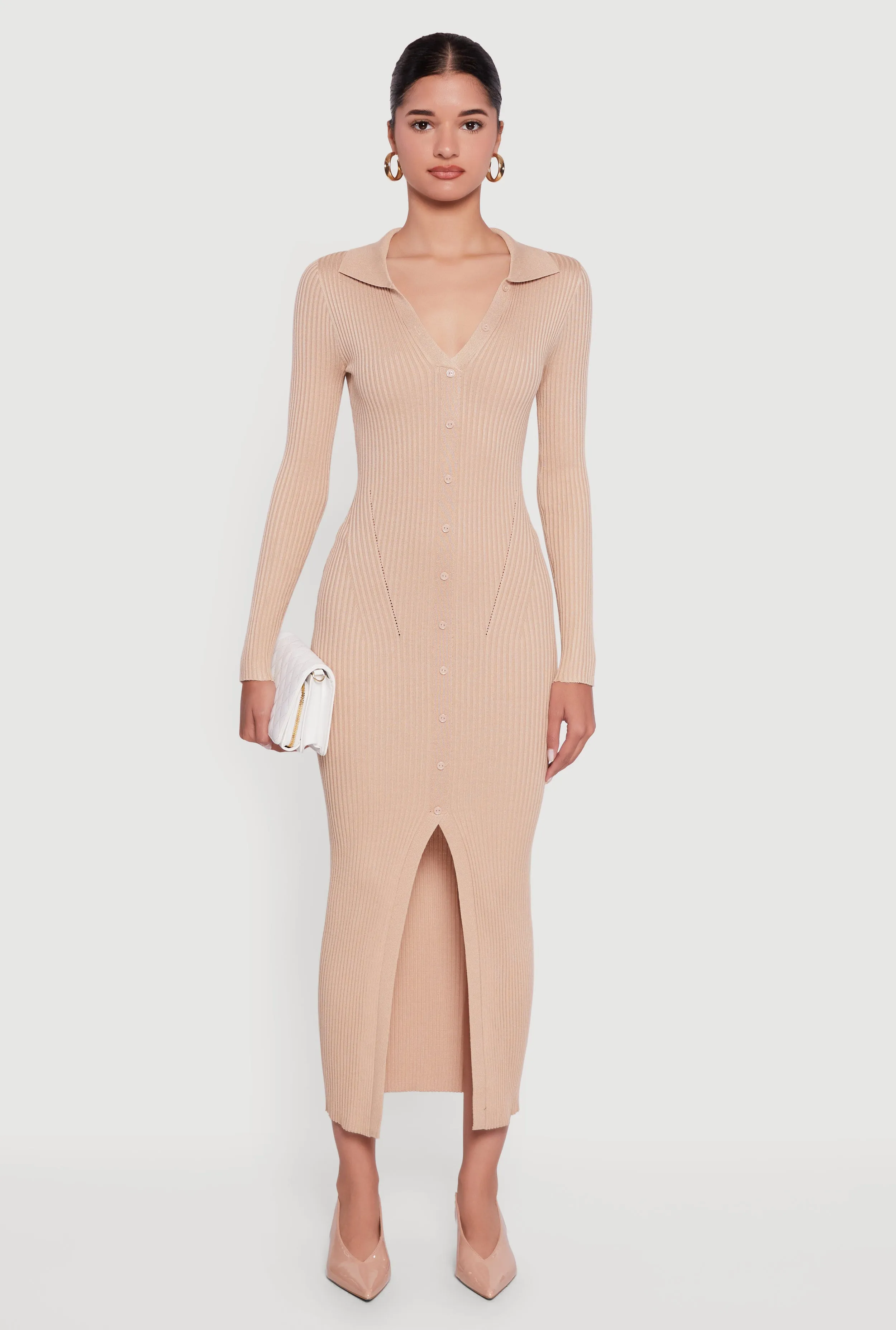 Rib Knit Button Detail Long Sleeve Slit Front Dress sold by Rainbow product image thumbnail 2