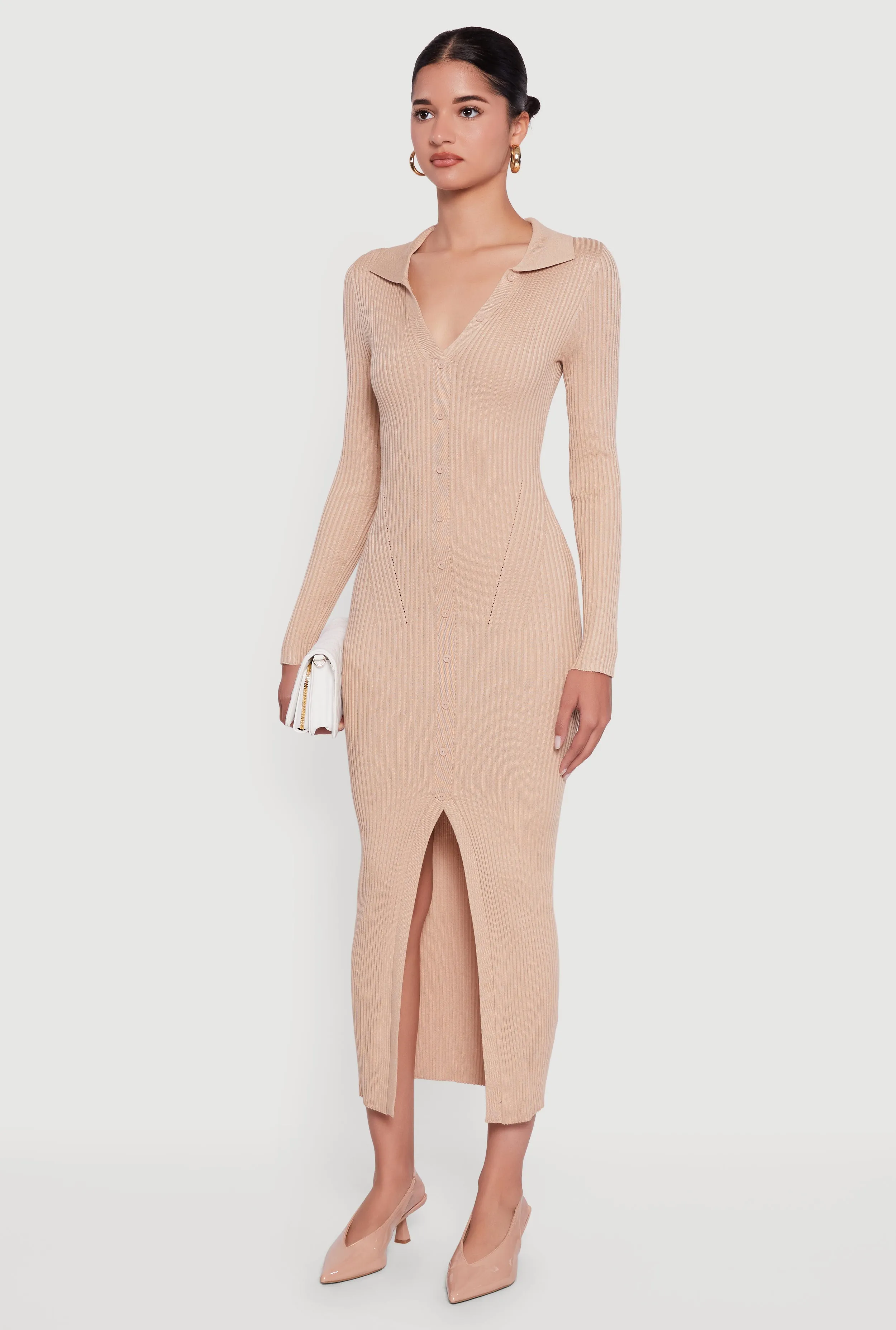 Rib Knit Button Detail Long Sleeve Slit Front Dress sold by Rainbow product image thumbnail 3