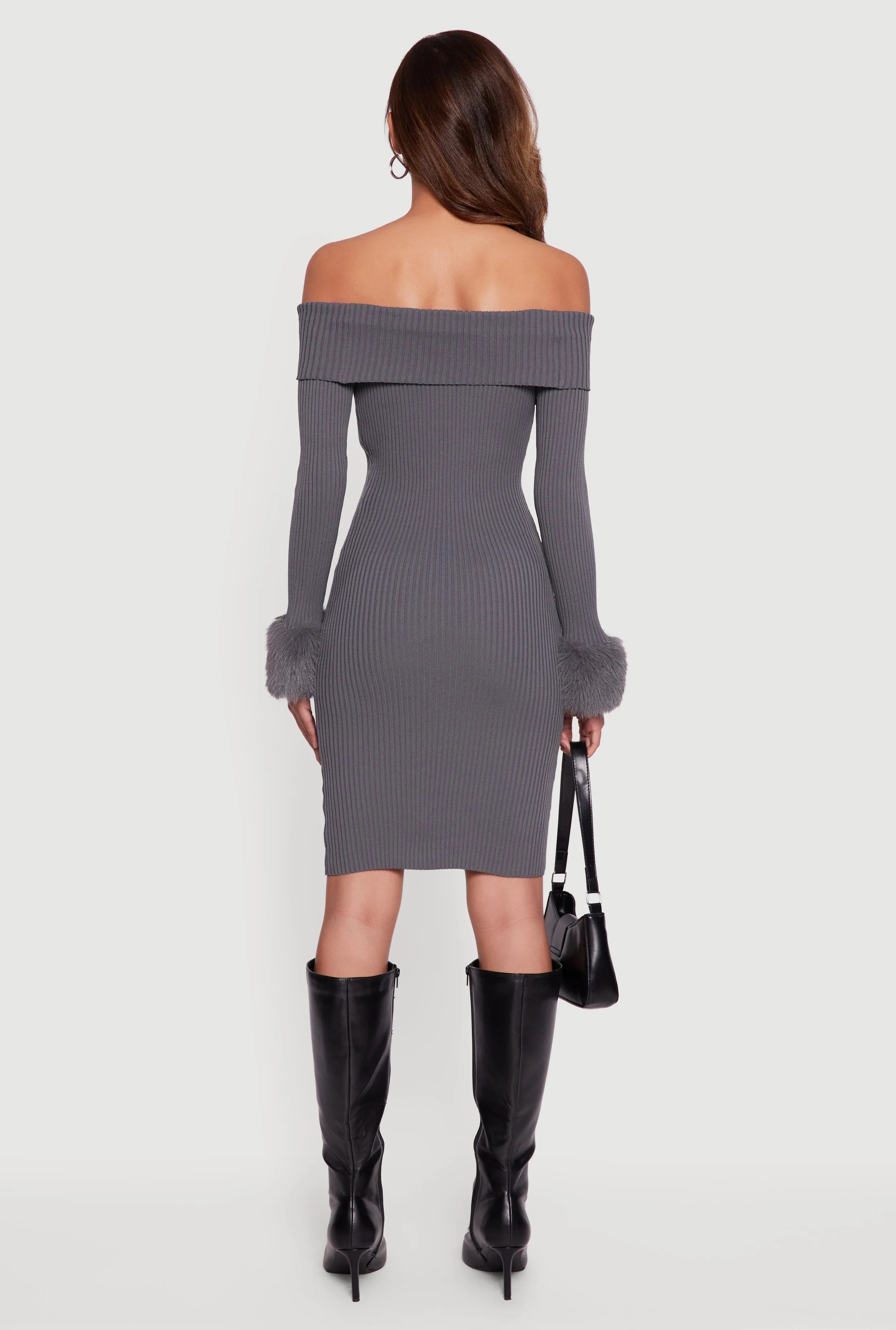 Faux Fur Cuff Fold Over Off the Shoulder Sweater Dress sold by Rainbow product image thumbnail 5