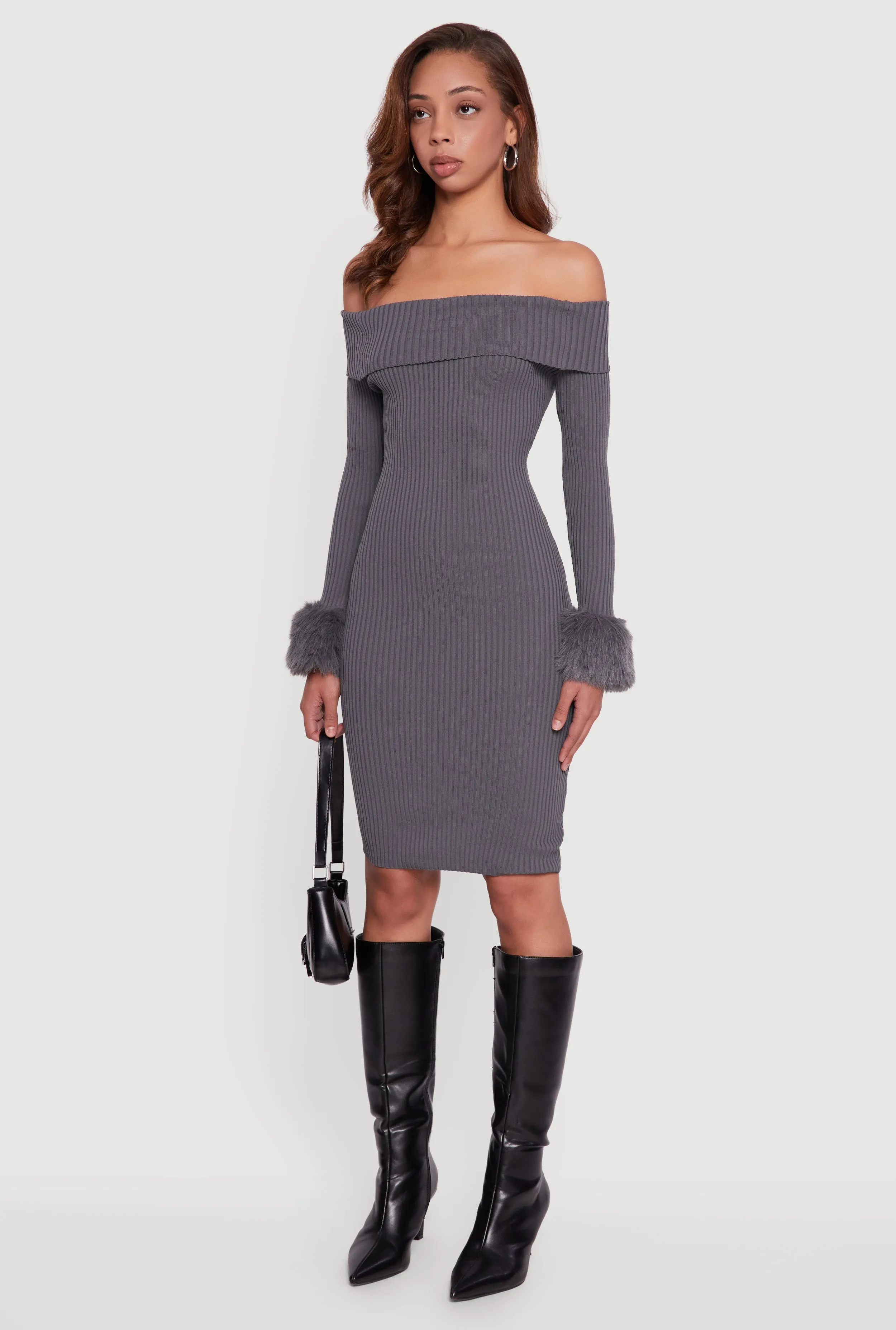 Faux Fur Cuff Fold Over Off the Shoulder Sweater Dress sold by Rainbow product image thumbnail 3