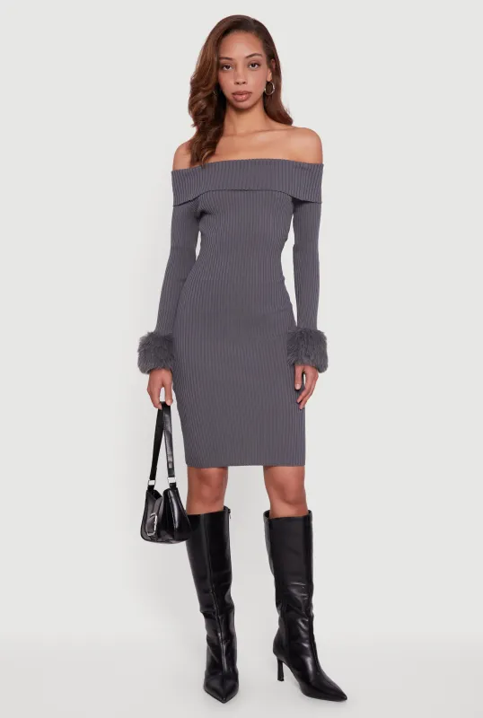Faux Fur Cuff Fold Over Off the Shoulder Sweater Dress sold by Rainbow