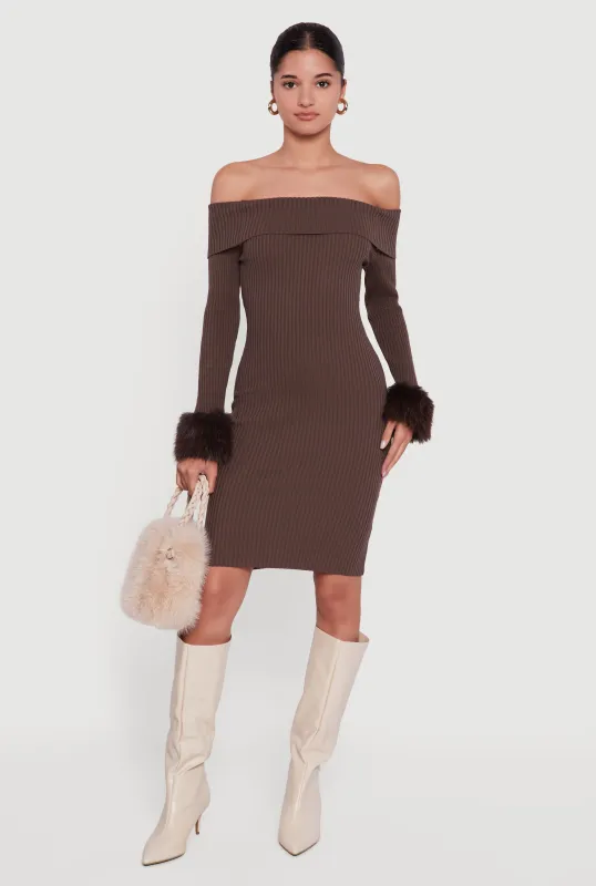 Faux Fur Cuff Fold Over Off the Shoulder Sweater Dress sold by Rainbow