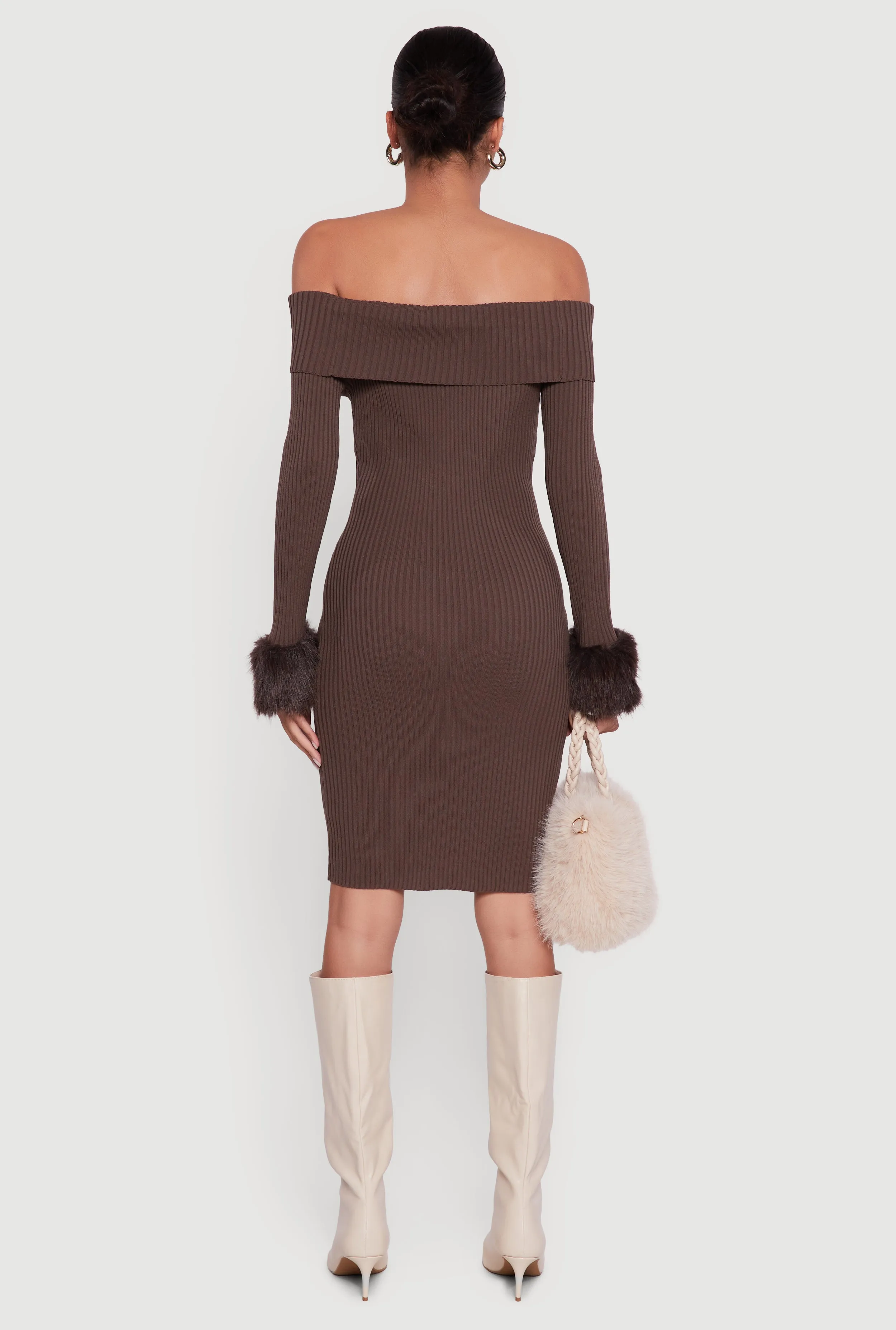 Faux Fur Cuff Fold Over Off the Shoulder Sweater Dress sold by Rainbow product image thumbnail 5