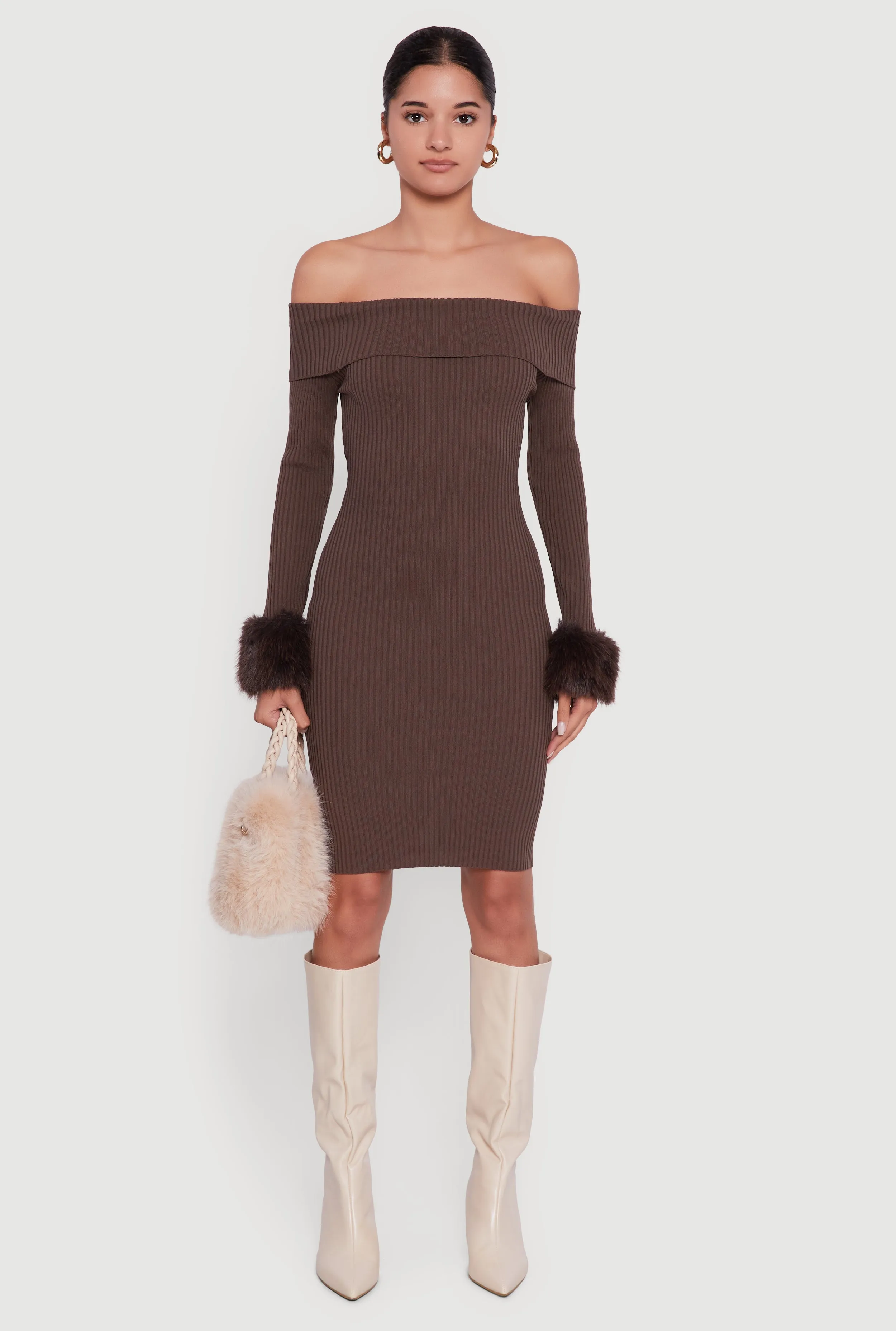 Faux Fur Cuff Fold Over Off the Shoulder Sweater Dress sold by Rainbow product image thumbnail 2