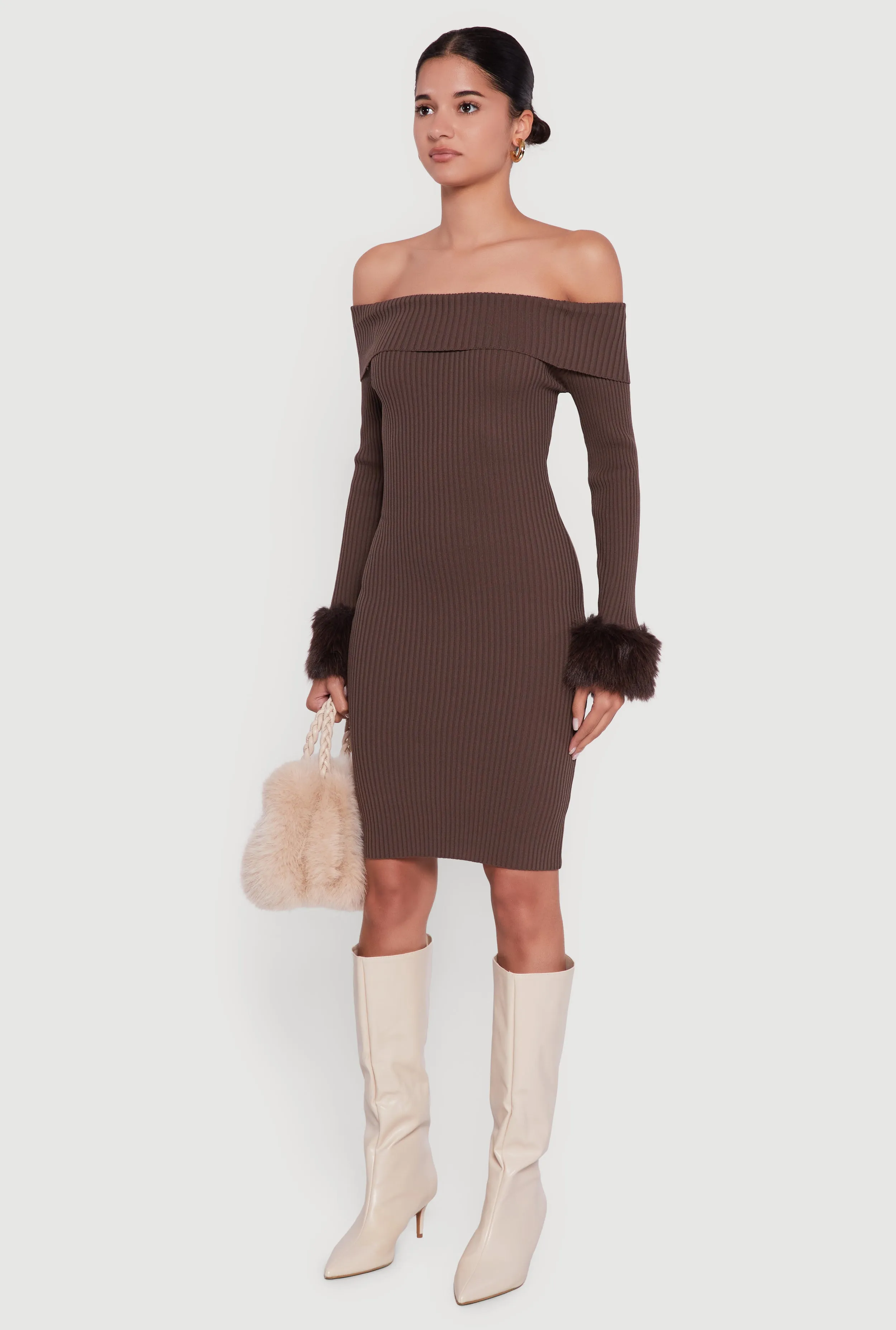 Faux Fur Cuff Fold Over Off the Shoulder Sweater Dress sold by Rainbow product image thumbnail 3