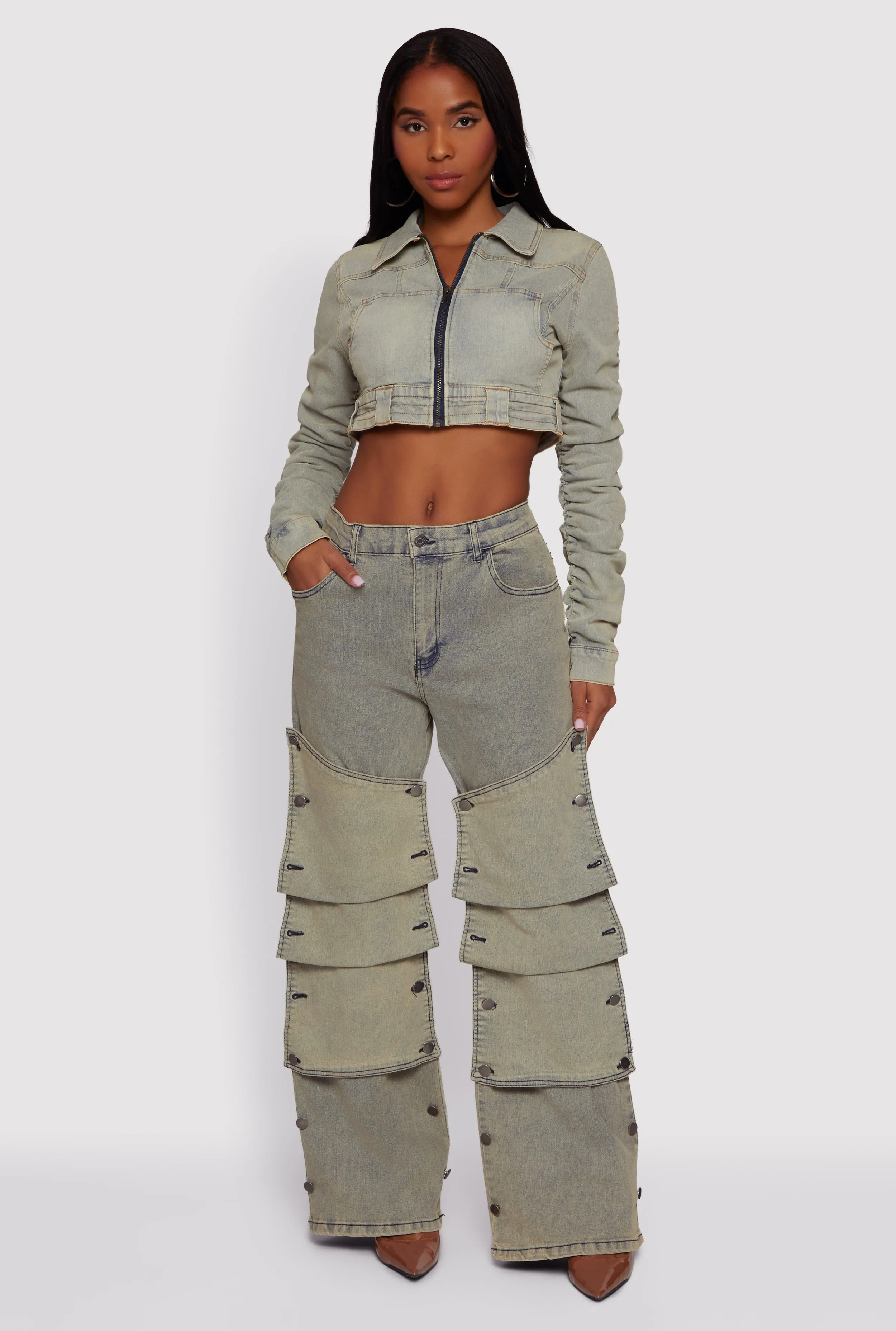 Alexandria Acid Wash Pleated Panel Wide Leg Jeans sold by Rainbow