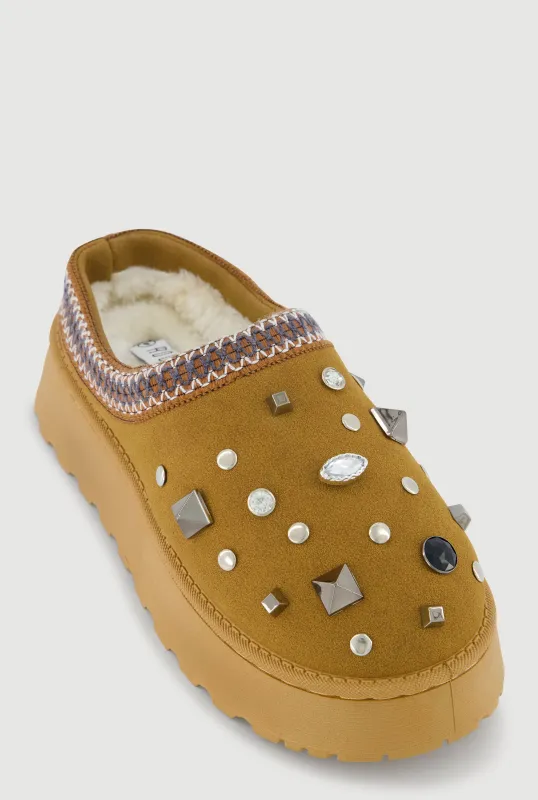 Faux Suede Rhinestone Charm Platform Clogs sold by Rainbow