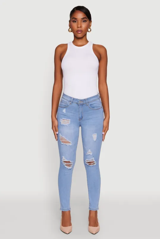 Mid Rise Distressed Skinny Ankle Jeans sold by Rainbow
