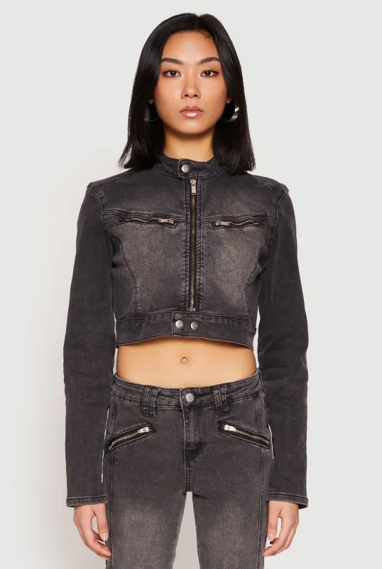 Zora Denim Zip Cropped Moto Jacket sold by Rainbow
