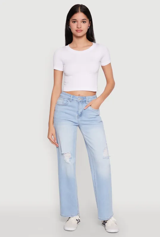 Distressed Knee Mid Rise Straight Jeans sold by Rainbow