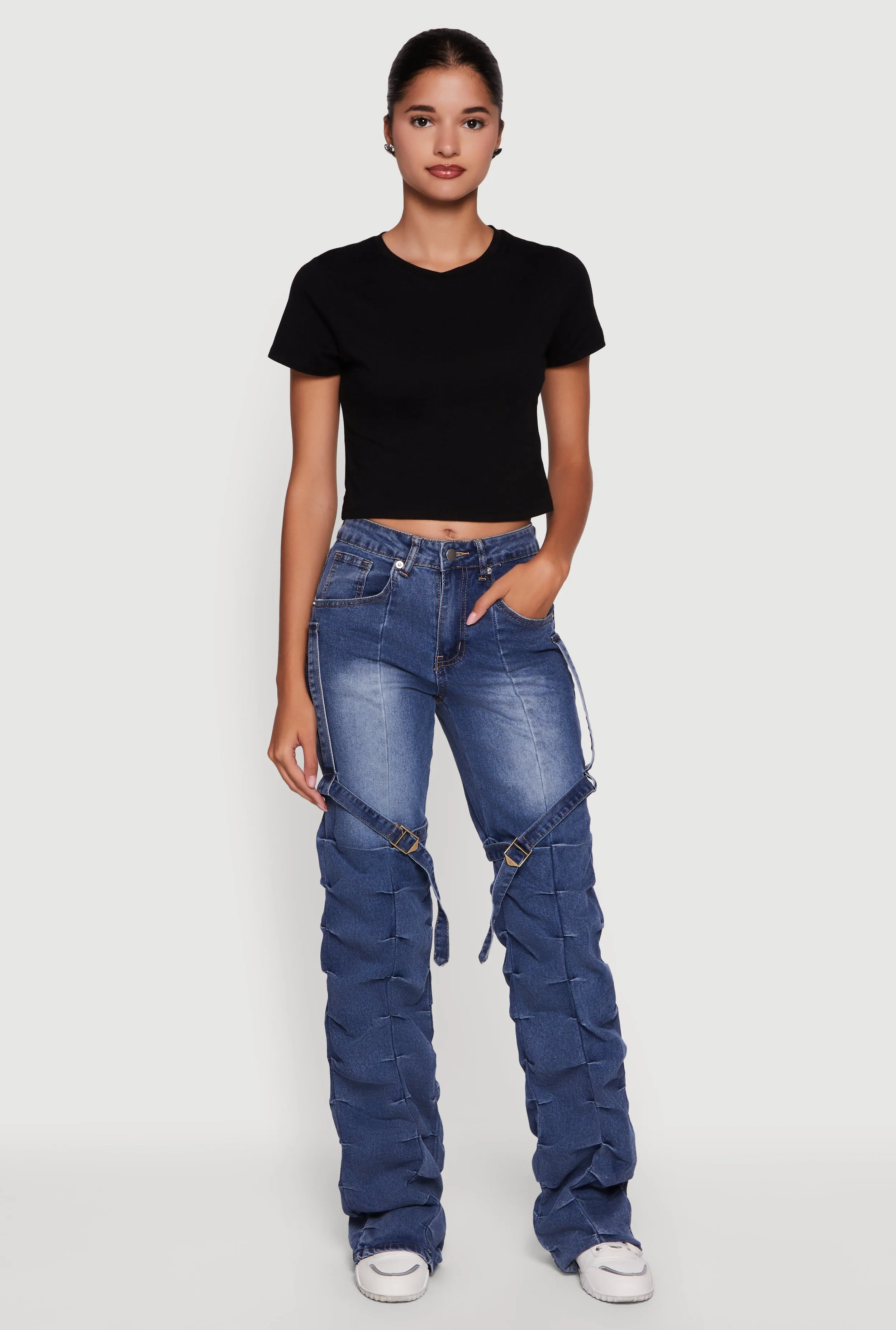 Thigh Strap Stacked Straight Leg Jeans sold by Rainbow