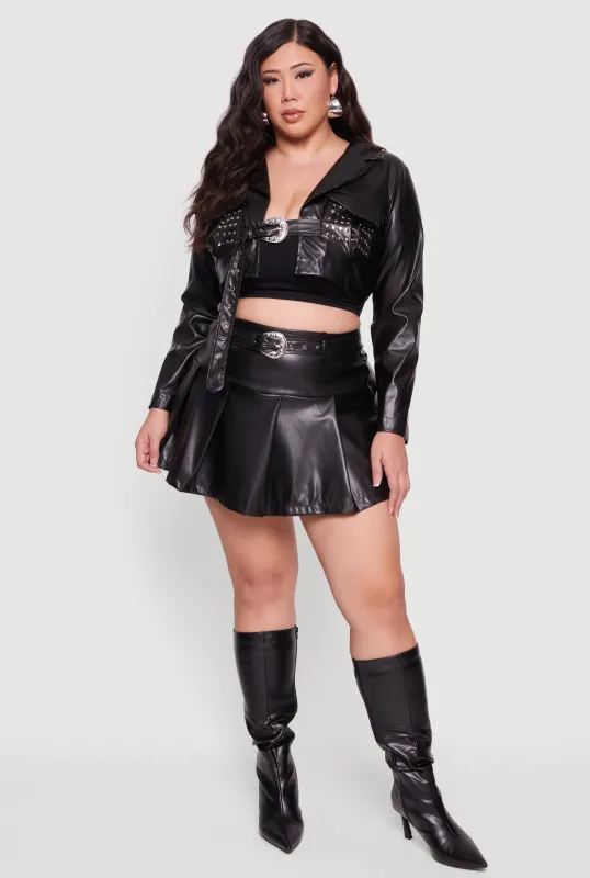 Plus Size Faux Leather Pleated Skirt with Belt sold by Rainbow