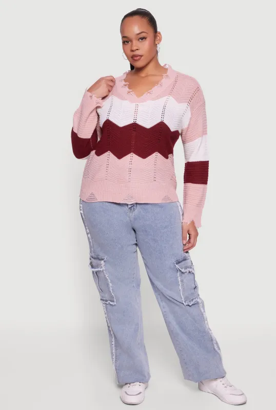 Plus Size Color Block Chevron Frayed Pointelle Sweater sold by Rainbow