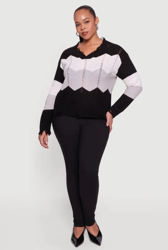 Plus Size Color Block Chevron Frayed Pointelle Sweater sold by Rainbow
