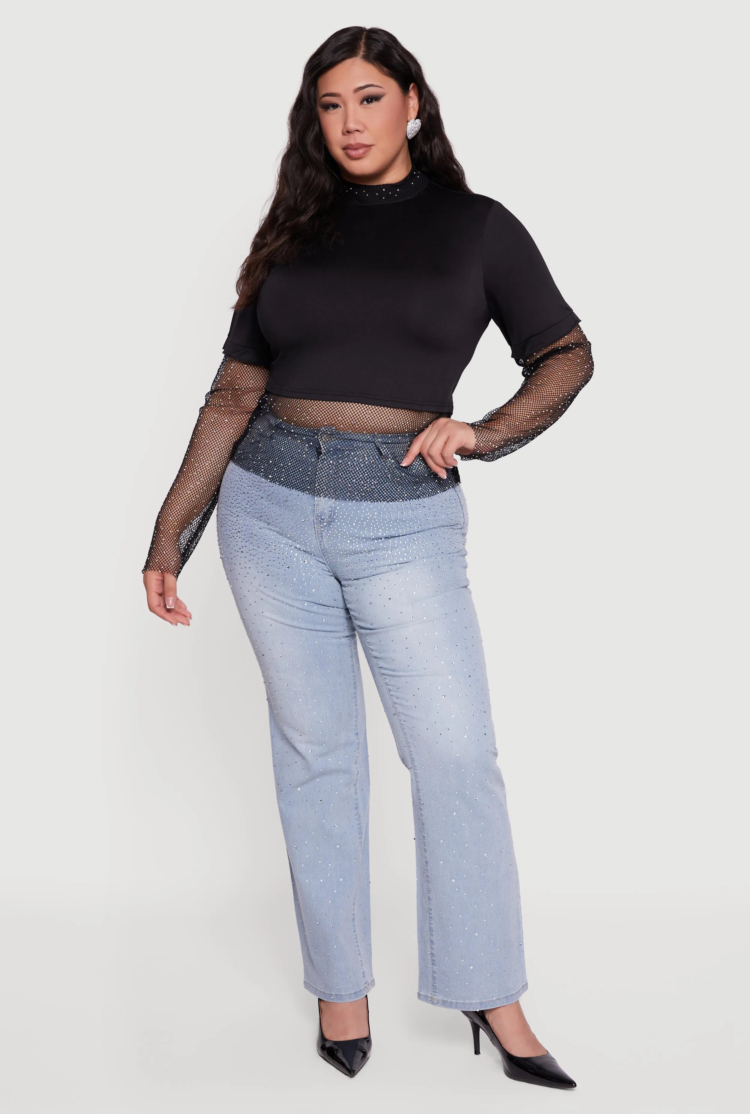 Plus Size Rhinestone Fishnet Keyhole Back Layered Look Top sold by Rainbow