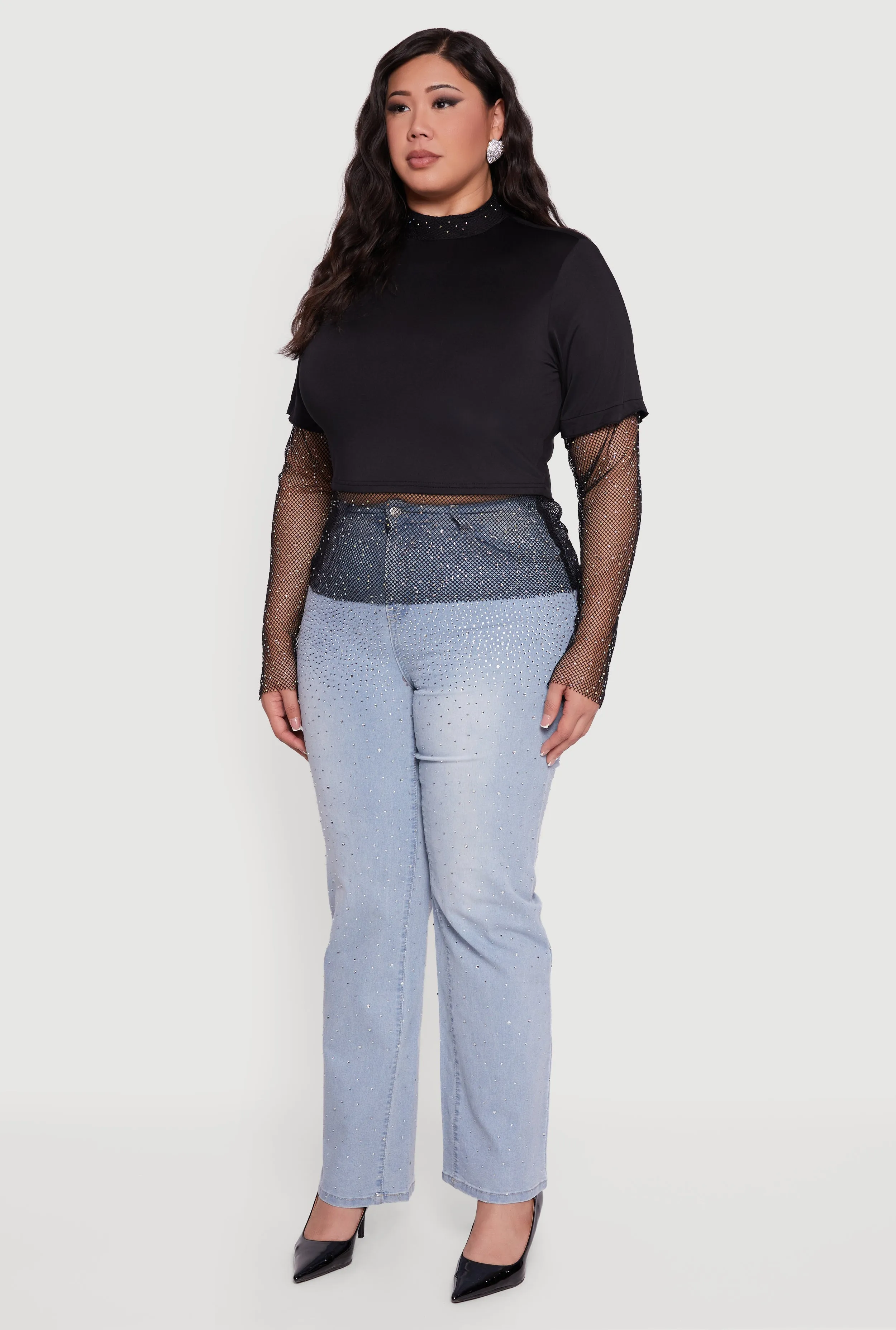 Plus Size Rhinestone Fishnet Keyhole Back Layered Look Top sold by Rainbow product image thumbnail 5