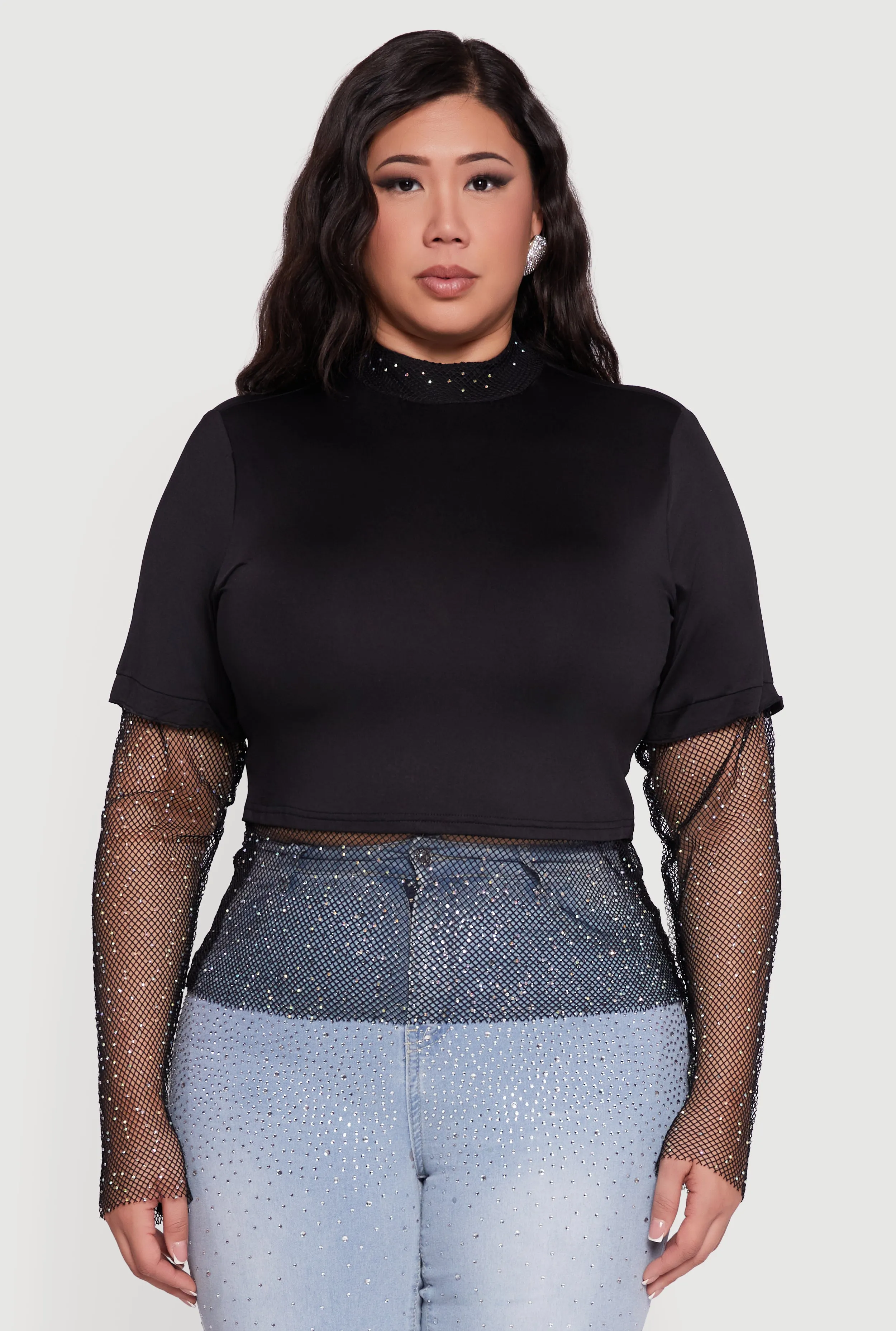 Plus Size Rhinestone Fishnet Keyhole Back Layered Look Top sold by Rainbow product image thumbnail 2