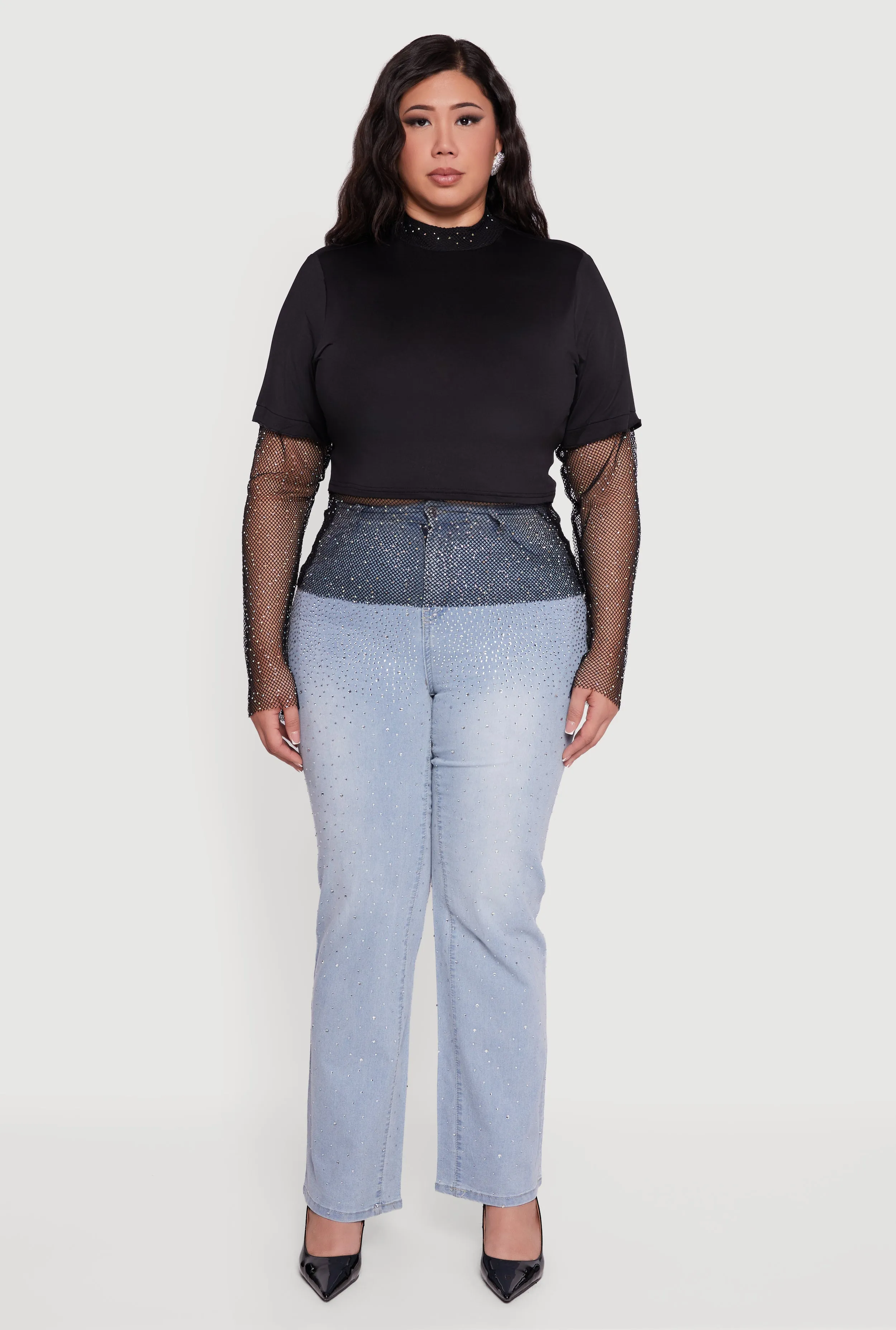 Plus Size Rhinestone Fishnet Keyhole Back Layered Look Top sold by Rainbow product image thumbnail 3