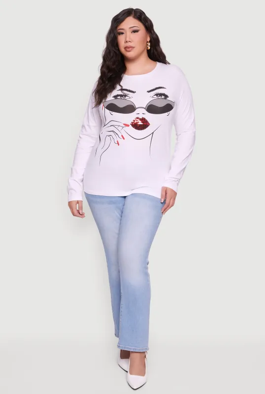 Plus Size Long Sleeve Crew Neck Face Graphic Tee sold by Rainbow