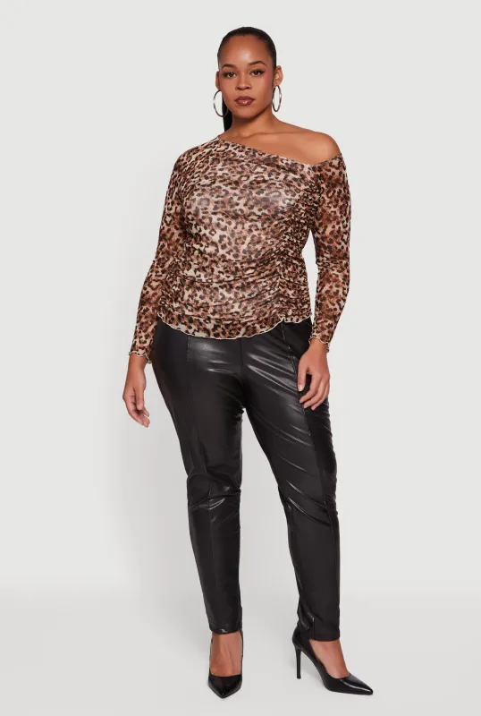 Plus Size Leopard Print Mesh Ruched Side One Shoulder Top sold by Rainbow