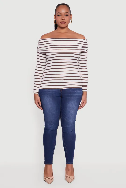 Plus Size Striped Ribbed Knit Fold Over Off Shoulder Top sold by Rainbow