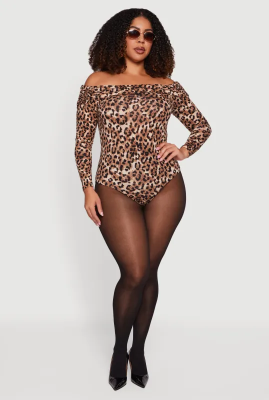Plus Size Ruched Fold Over Off Shoulder Animal Print Bodysuit sold by Rainbow