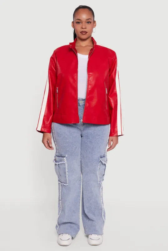 Plus Size Contrast Trim Faux Leather Moto Jacket sold by Rainbow