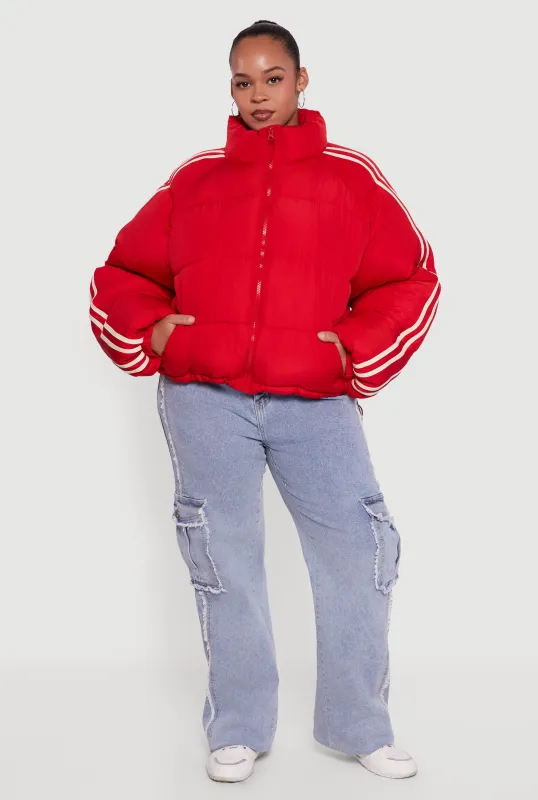 Plus Size Stripe Detail Zip Front Puffer Jacket sold by Rainbow