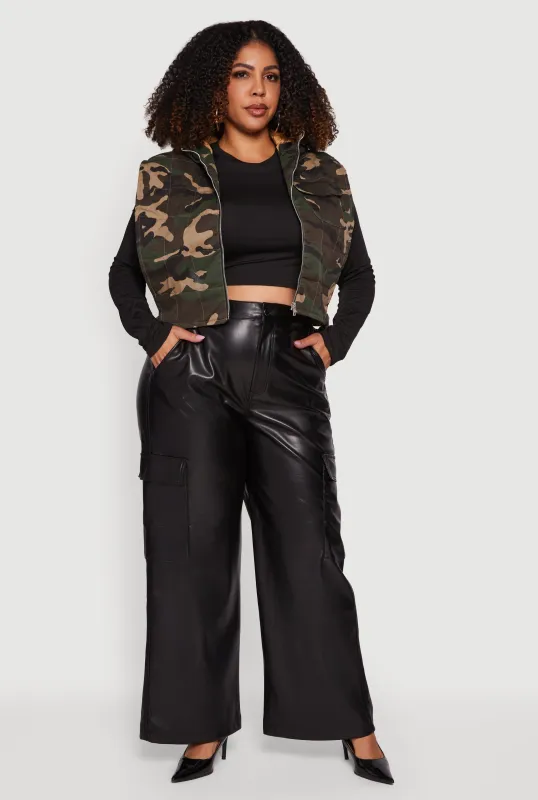 Plus Size Hooded Zip Front Cropped Camouflage Vest sold by Rainbow