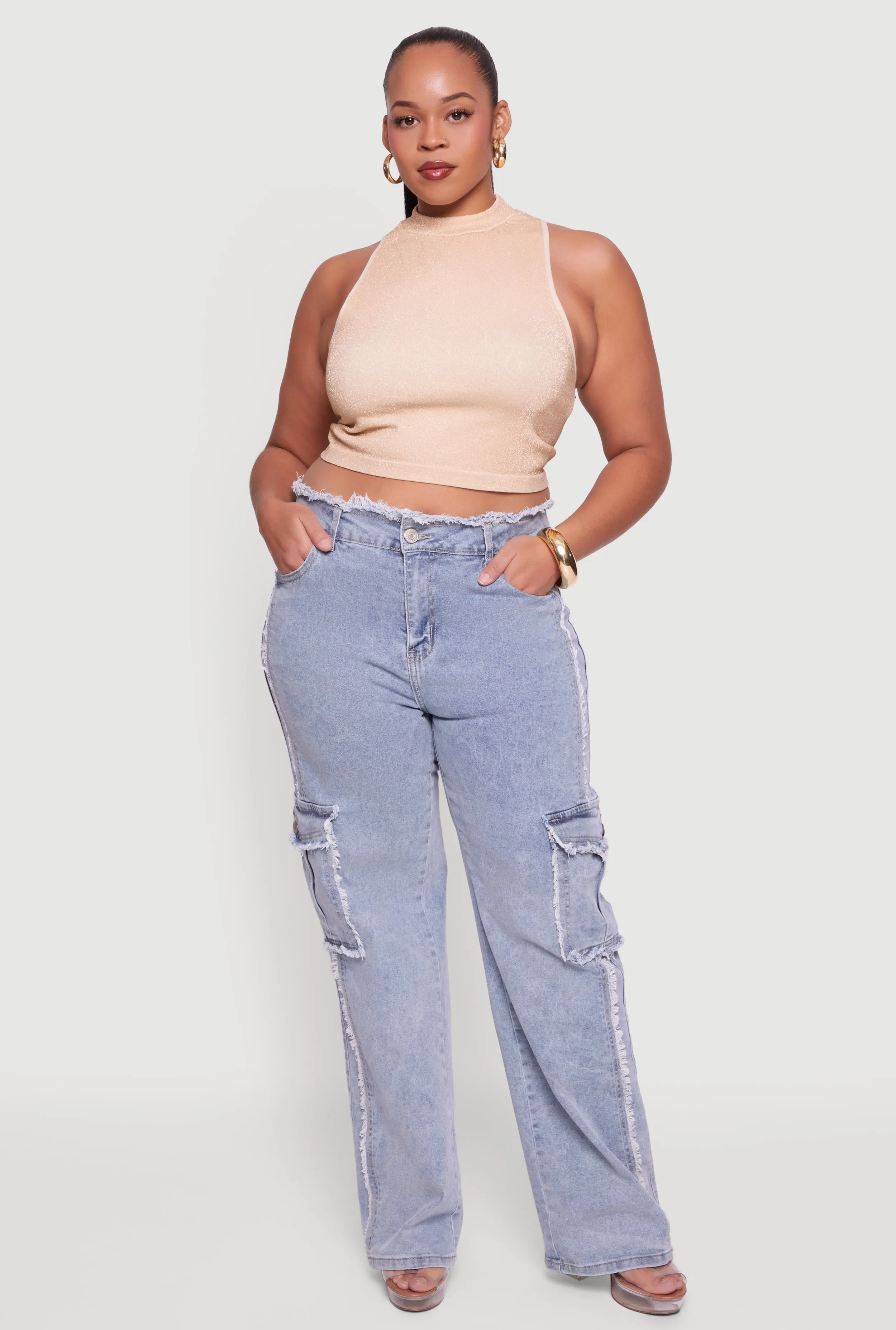 Plus Size High Waisted Frayed Pintuck Acid Wash Jeans sold by Rainbow