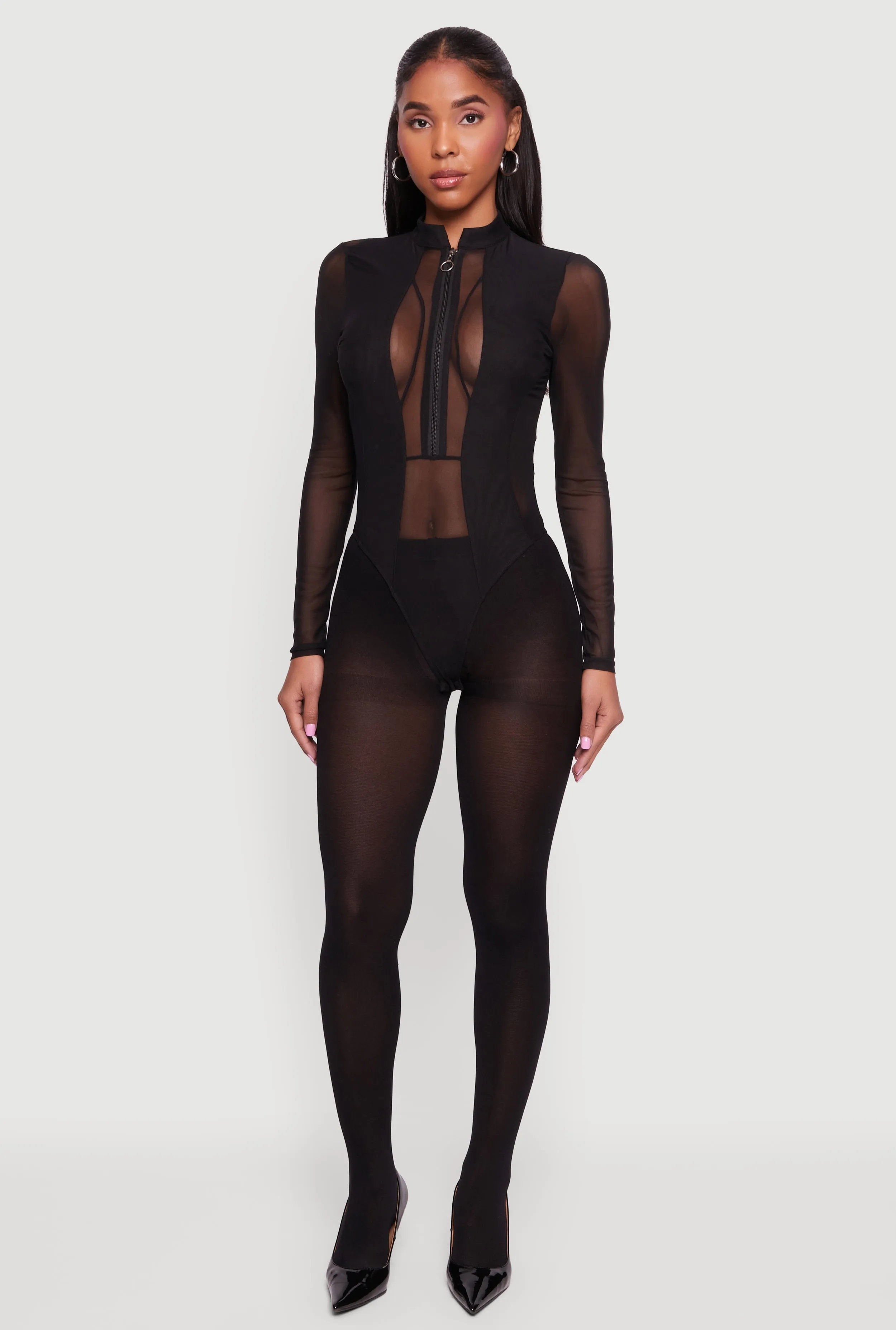 Mesh Long Sleeve Mock Neck Zip Front Bodysuit sold by Rainbow