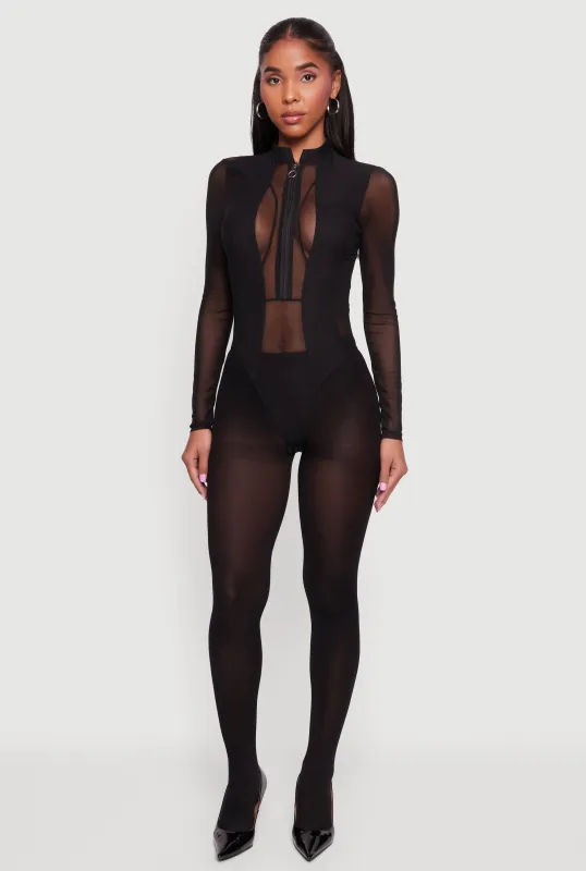 Mesh Long Sleeve Mock Neck Zip Front Bodysuit sold by Rainbow
