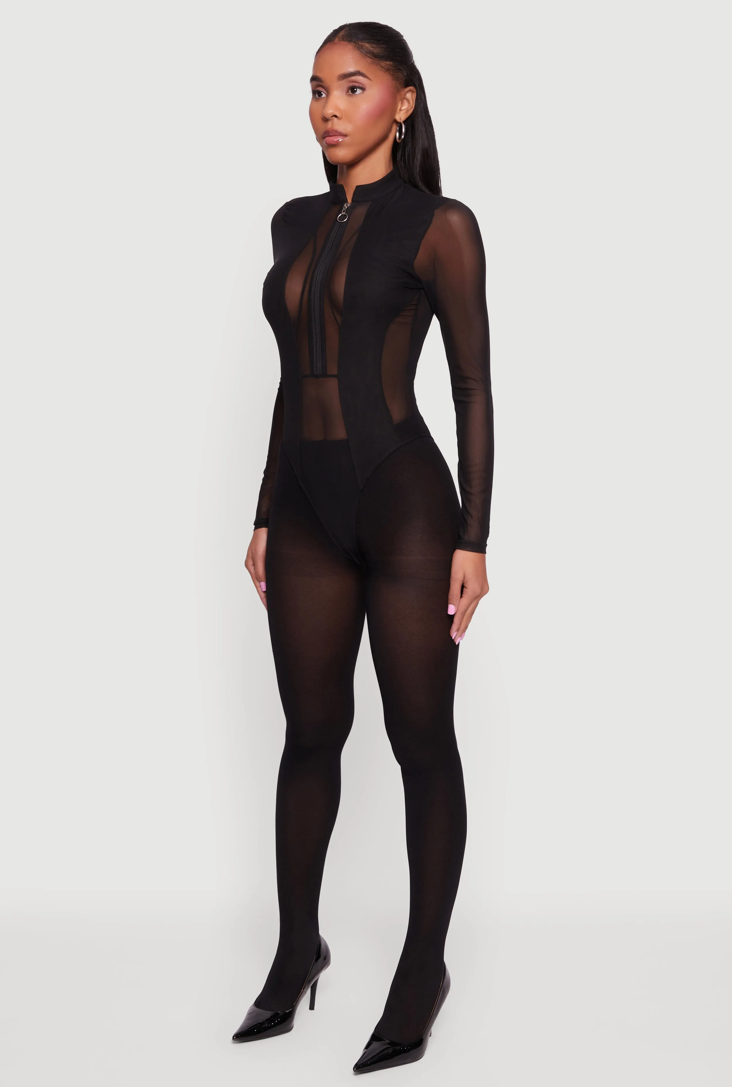 Mesh Long Sleeve Mock Neck Zip Front Bodysuit sold by Rainbow product image thumbnail 5