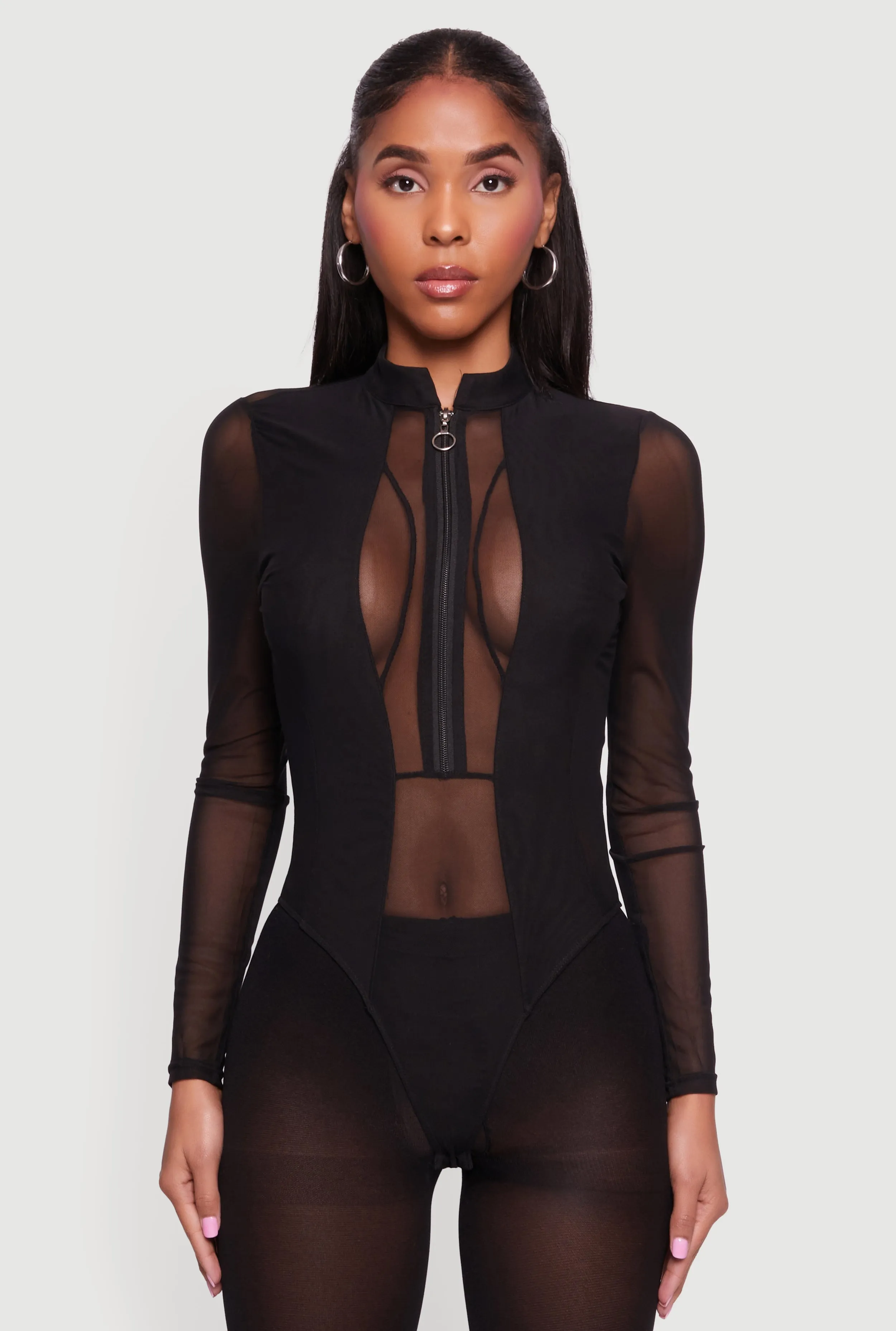 Mesh Long Sleeve Mock Neck Zip Front Bodysuit sold by Rainbow product image thumbnail 2
