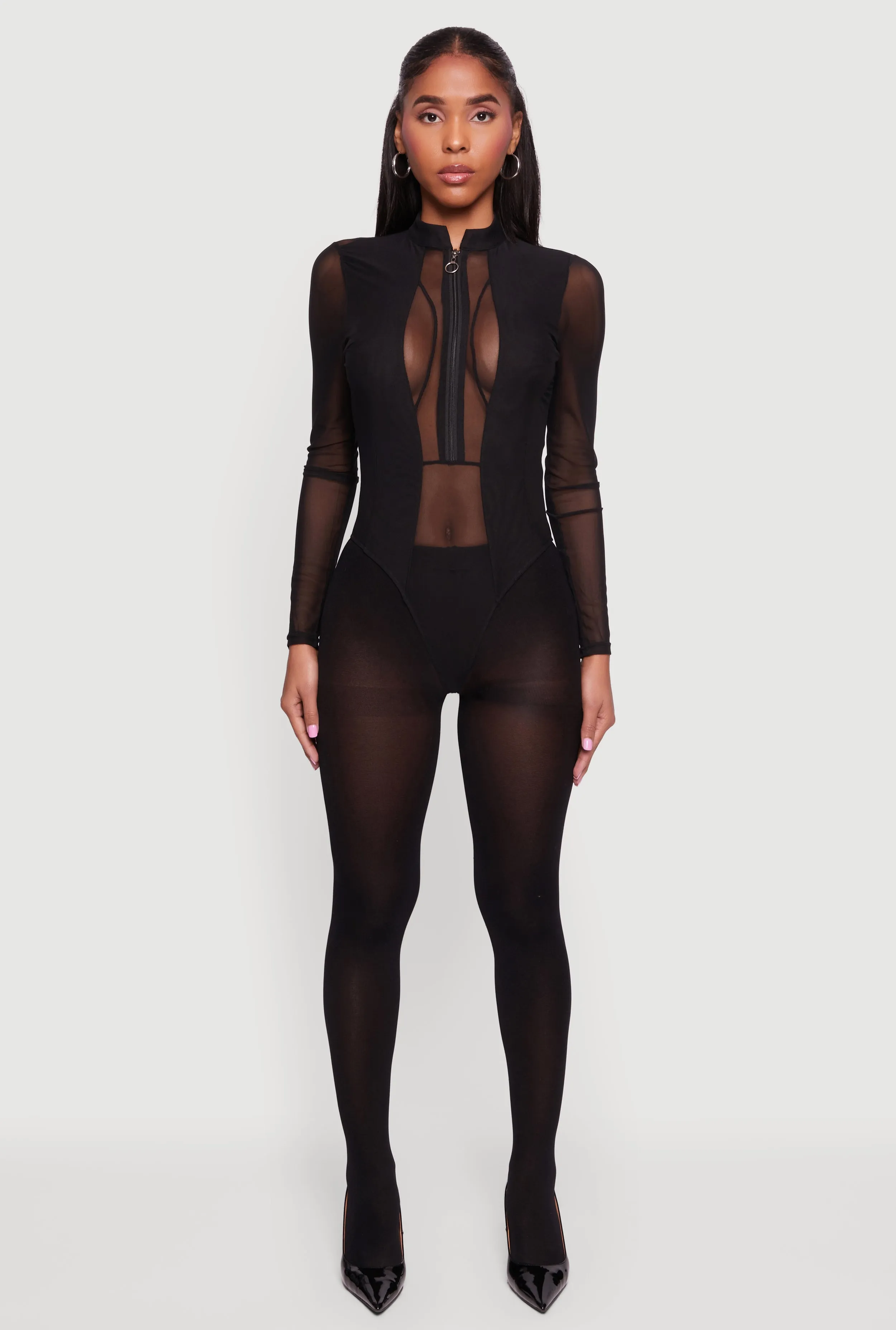 Mesh Long Sleeve Mock Neck Zip Front Bodysuit sold by Rainbow product image thumbnail 3