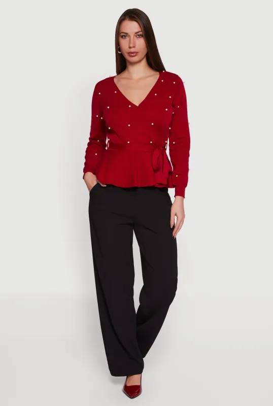 Faux Pearl Faux Wrap Peplum Sweatshirt with Tie Waist Belt sold by Rainbow