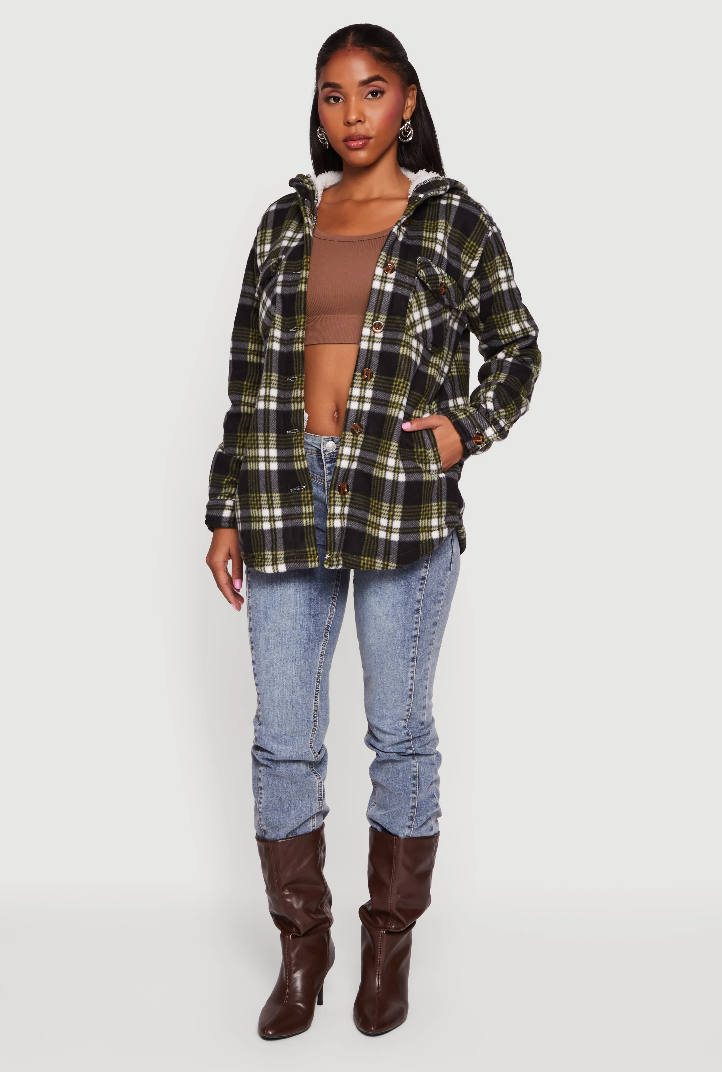 Plaid Sherpa Lined Hooded Button Front Shacket sold by Rainbow product image thumbnail 3
